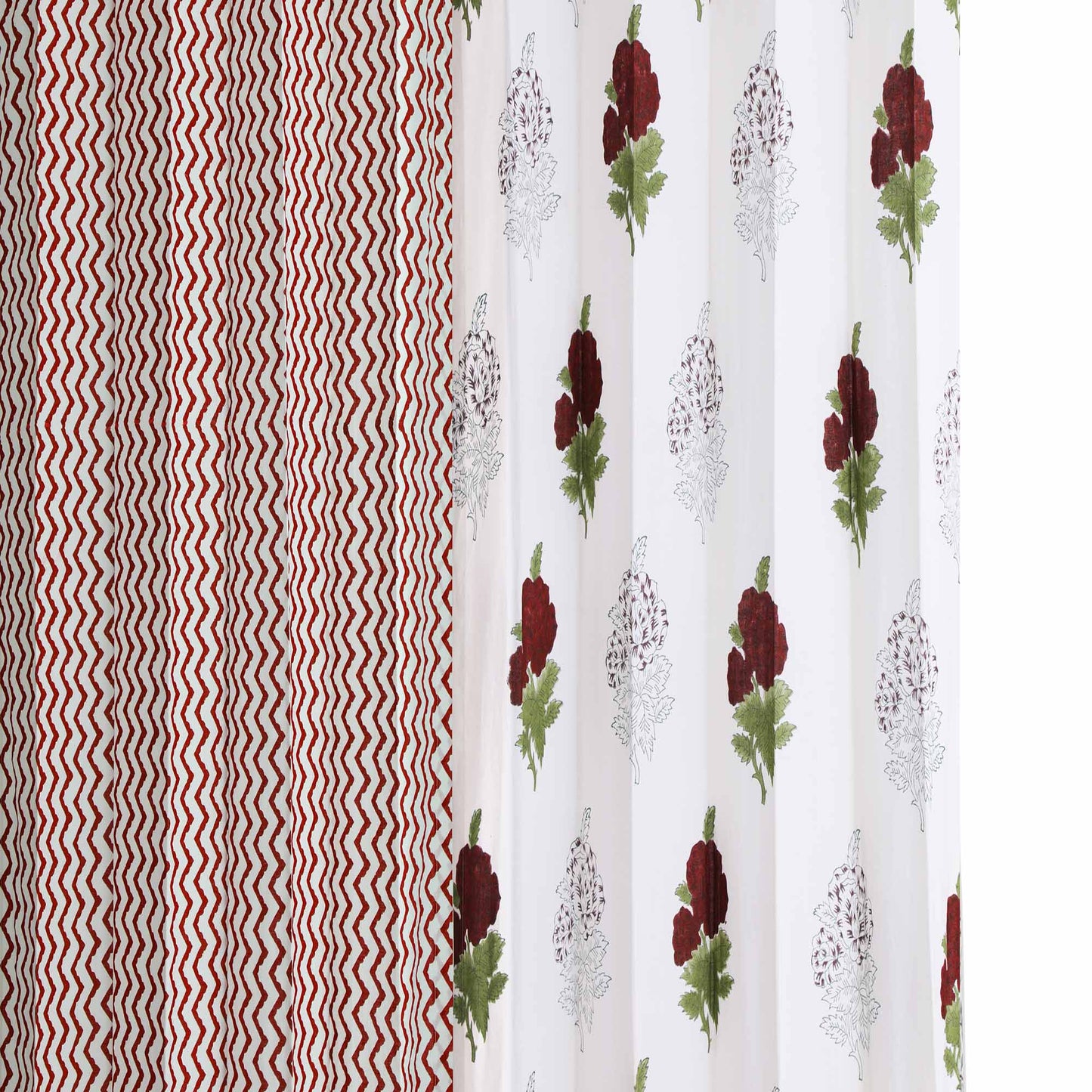 Maroon Gulab with Maroon Zigzag Cotton Handblock Combo (Set of 4 Curtains)