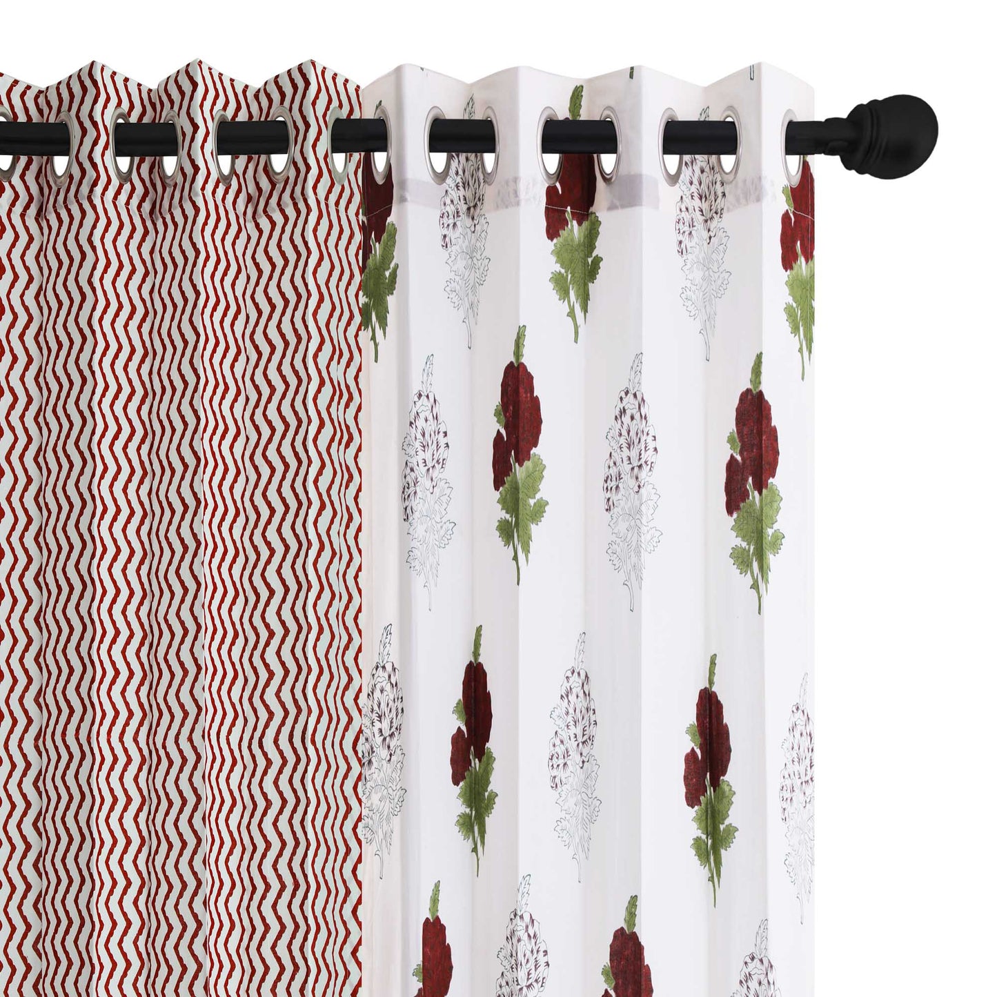 Maroon Gulab with Maroon Zigzag Cotton Handblock Combo (Set of 4 Curtains)