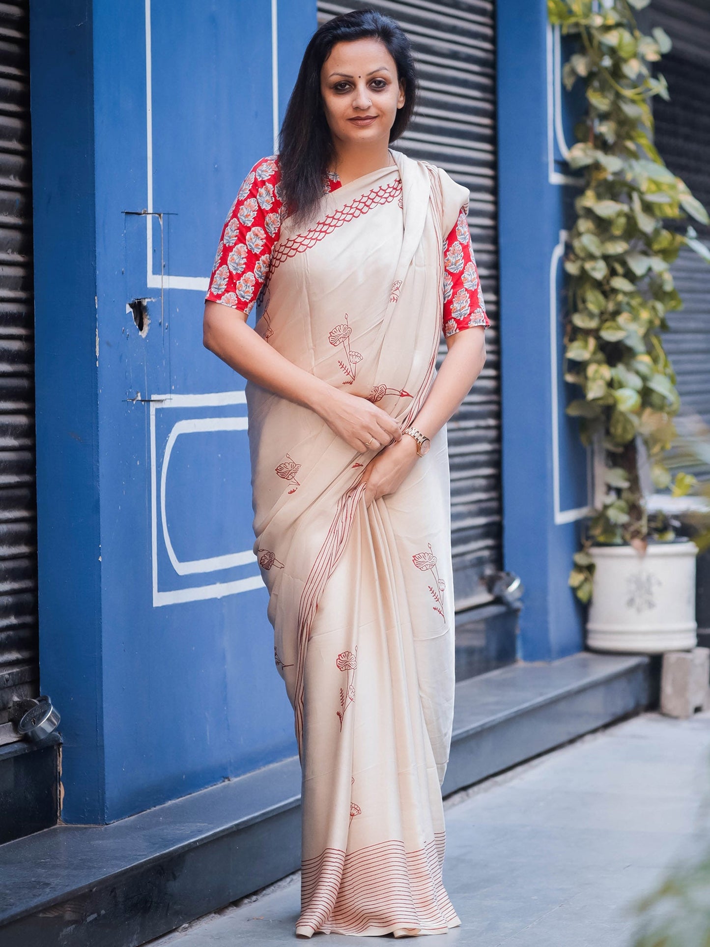 Maroon Single Boota Modal Silk Ajrakh Block Print Saree