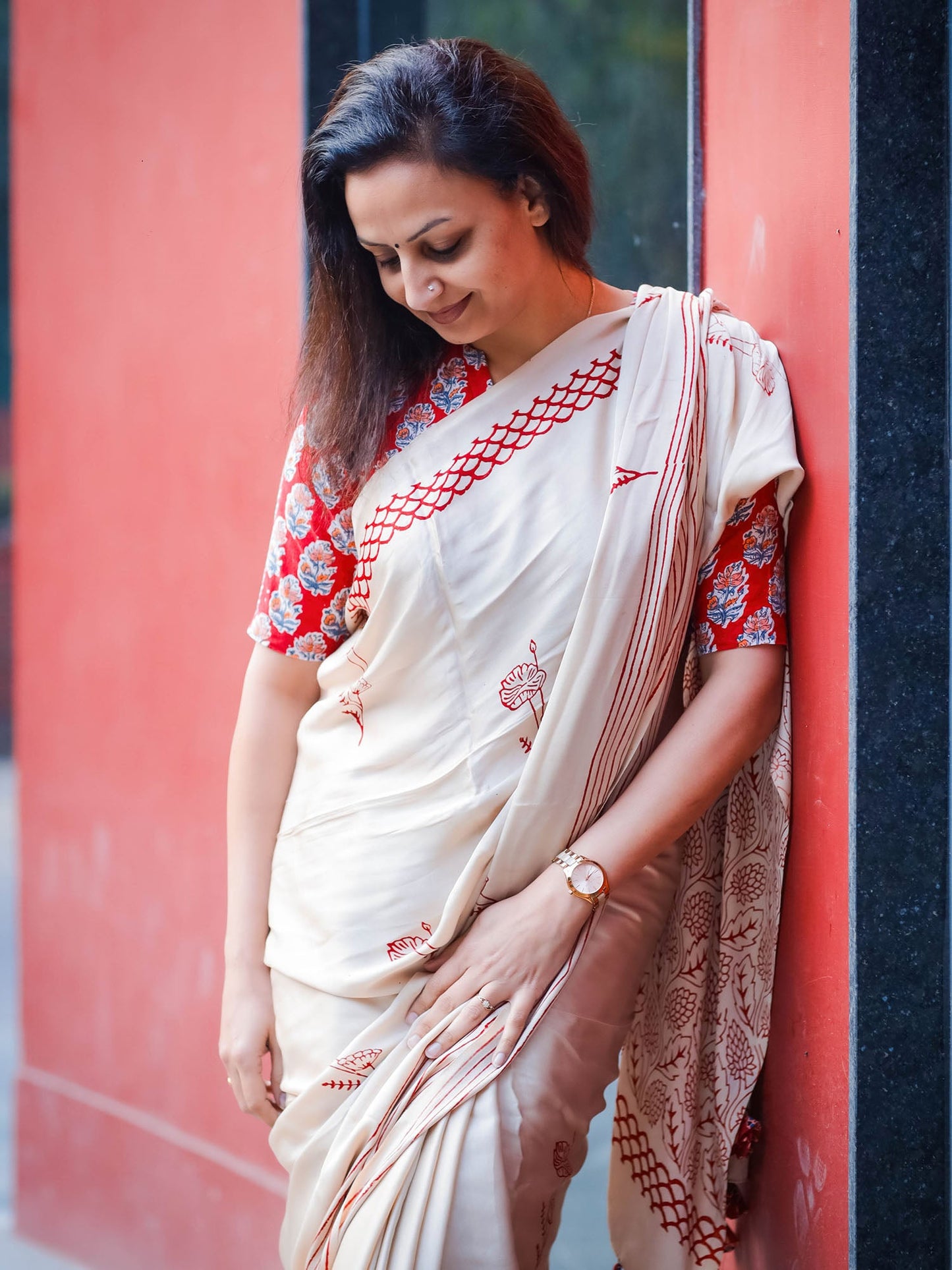 Maroon Single Boota Modal Silk Ajrakh Block Print Saree
