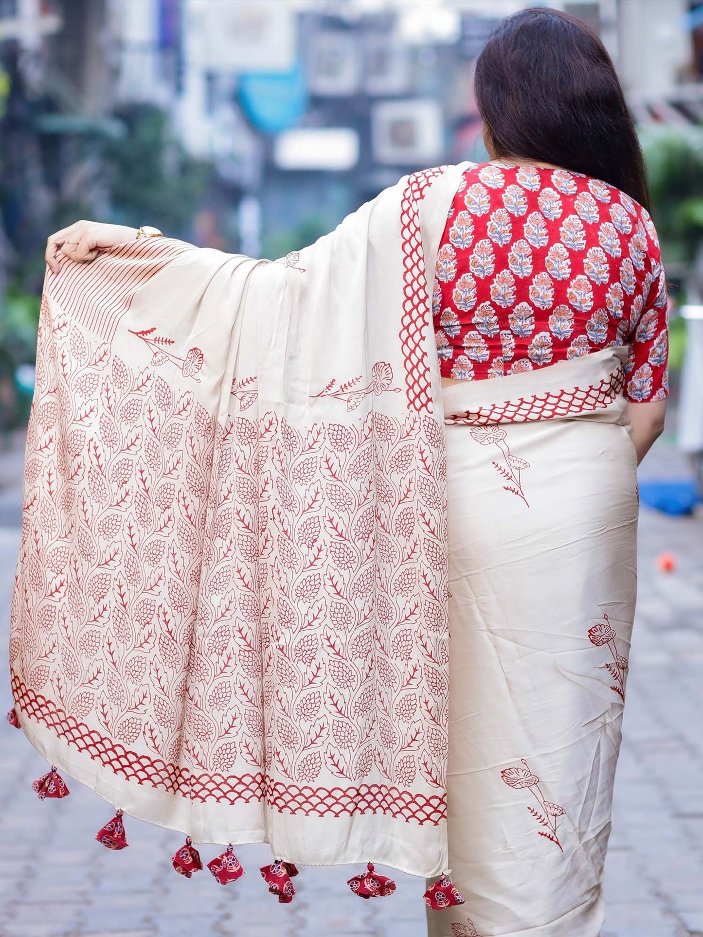 Maroon Single Boota Modal Silk Ajrakh Block Print Saree