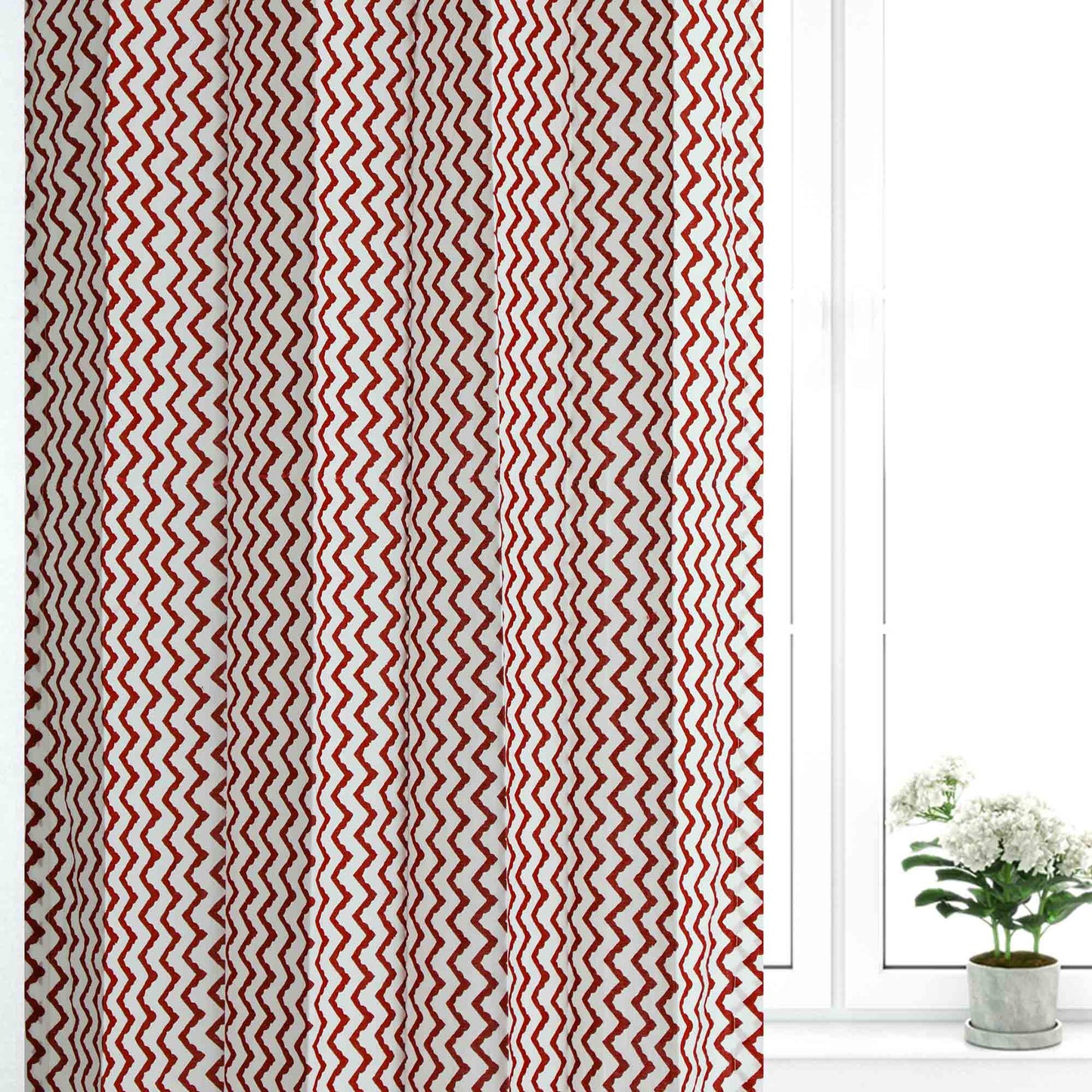 Maroon Zigzag Cotton Handblock Curtain (Pair of 2 Curtains)