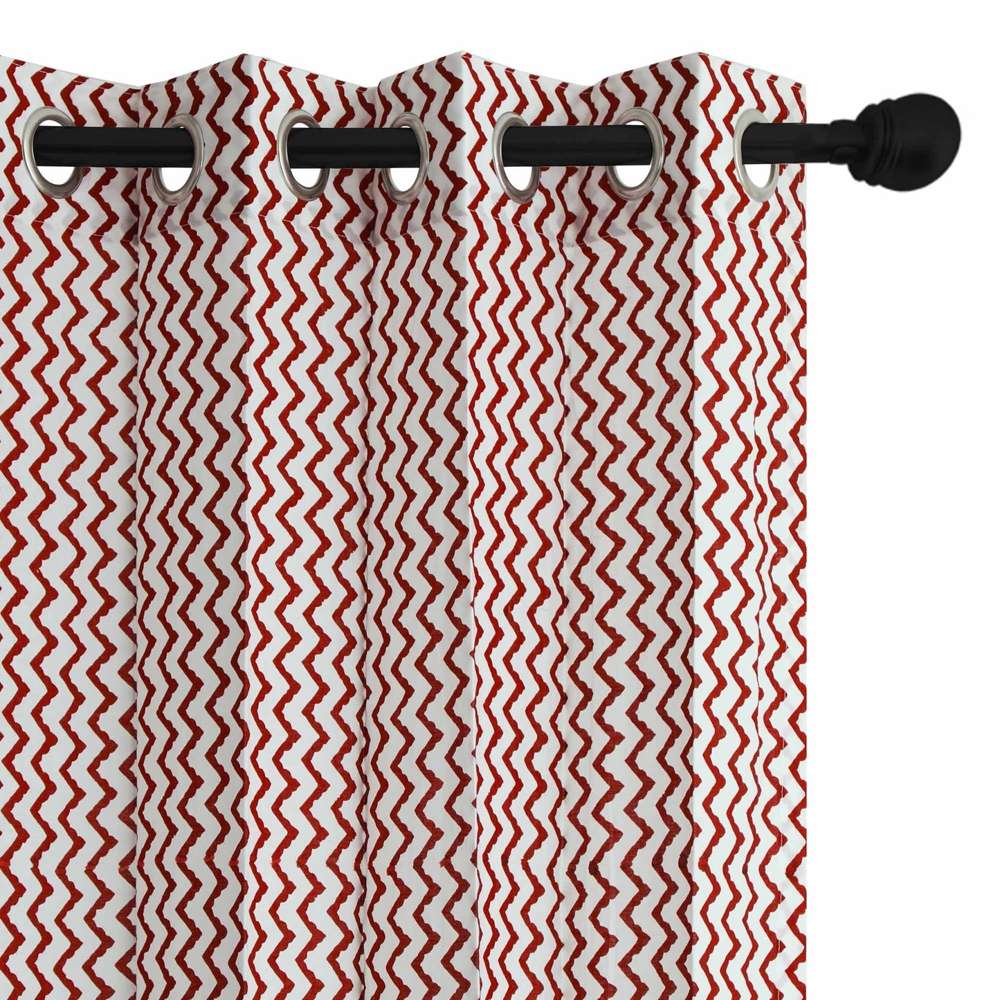 Maroon Zigzag Cotton Handblock Curtain (Pair of 2 Curtains)