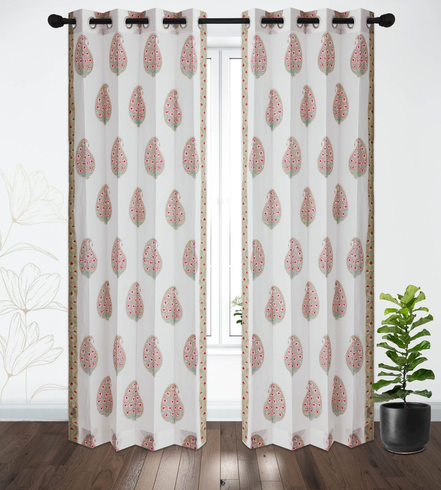 Paisley Print Cotton Handblock Curtain (Pair of 2 Curtains)