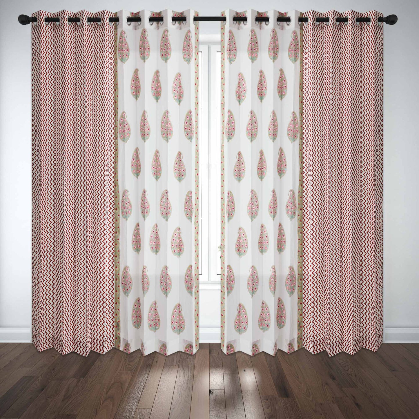 Paisley with Maroon Zigzag Cotton Handblock Combo (Set of 4 Curtains)