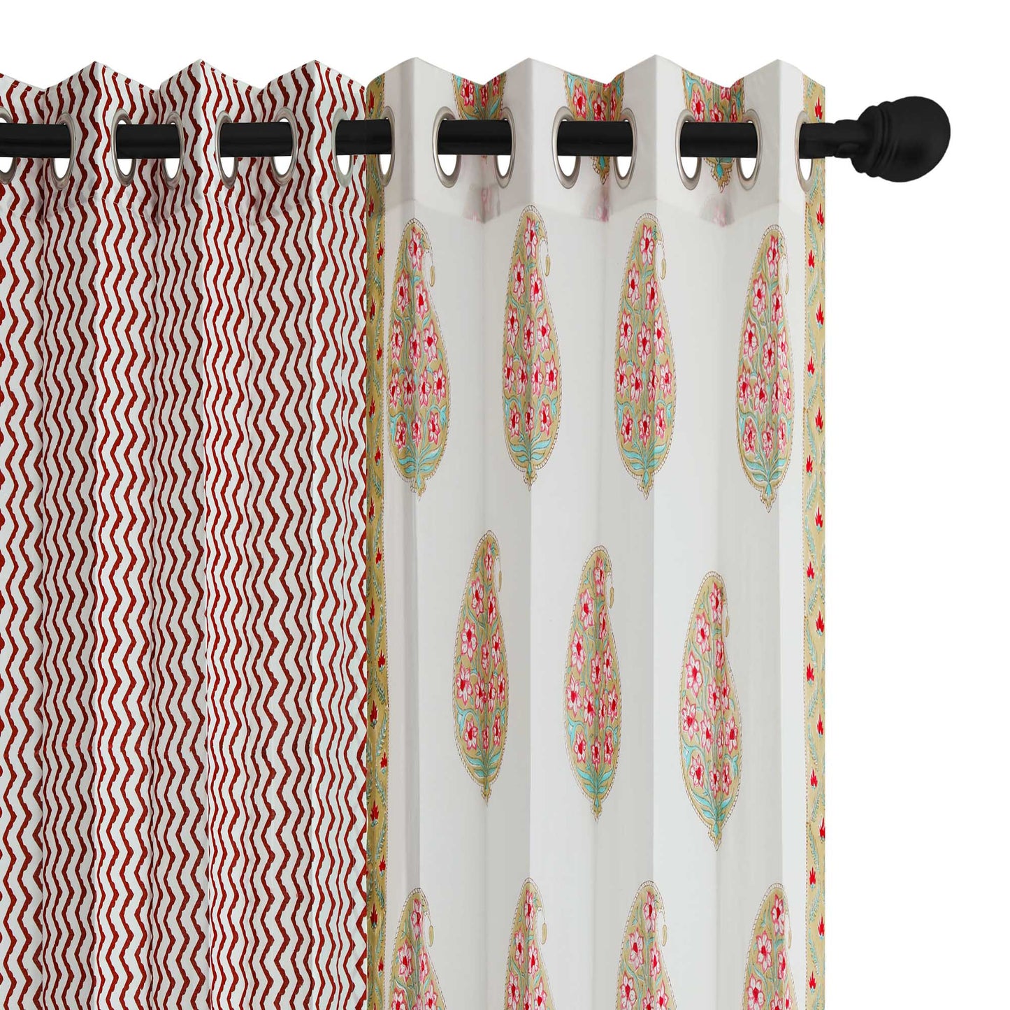 Paisley with Maroon Zigzag Cotton Handblock Combo (Set of 4 Curtains)