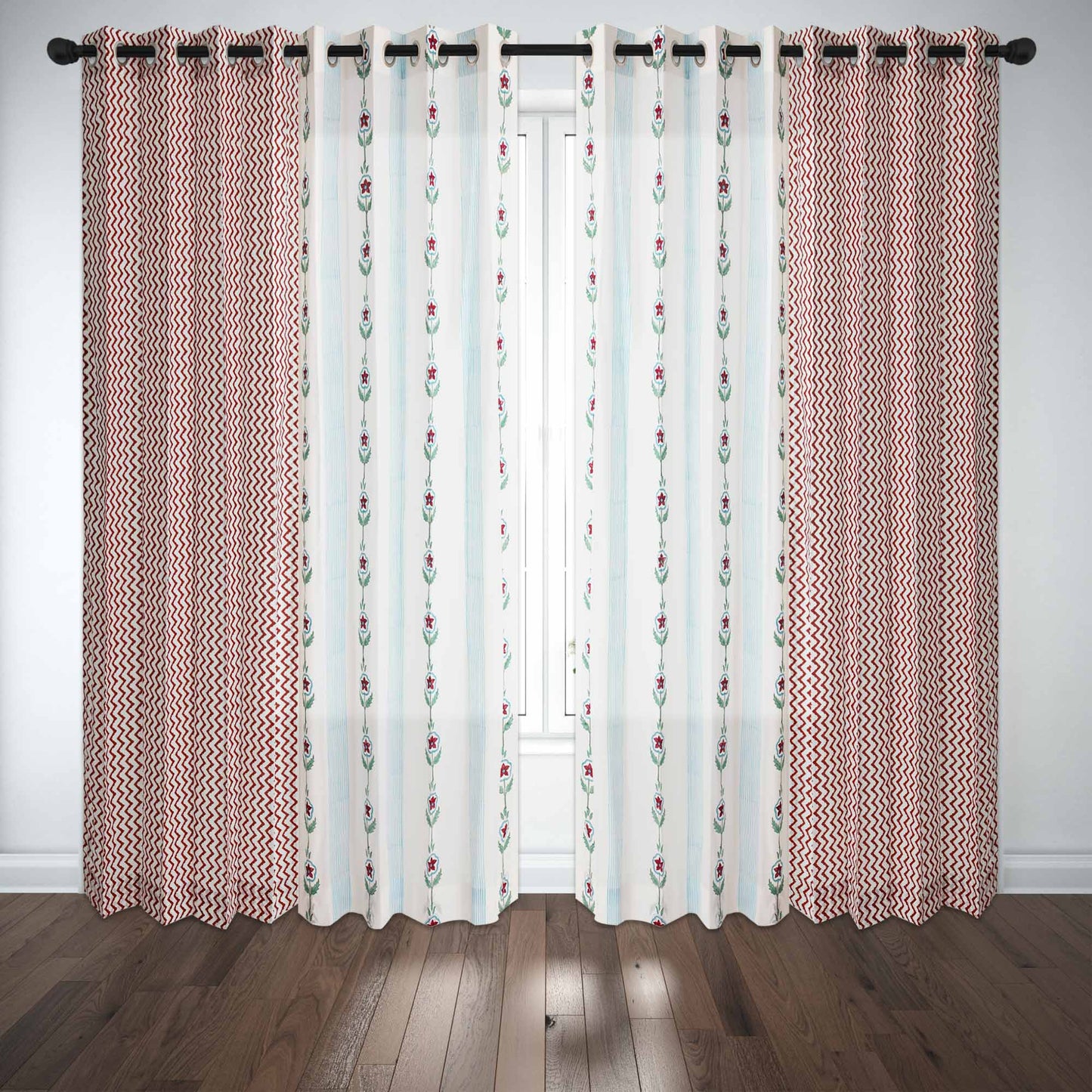 Phool Sitara with Maroon Zigzag Cotton Handblock Combo (Set of 4 Curtains)