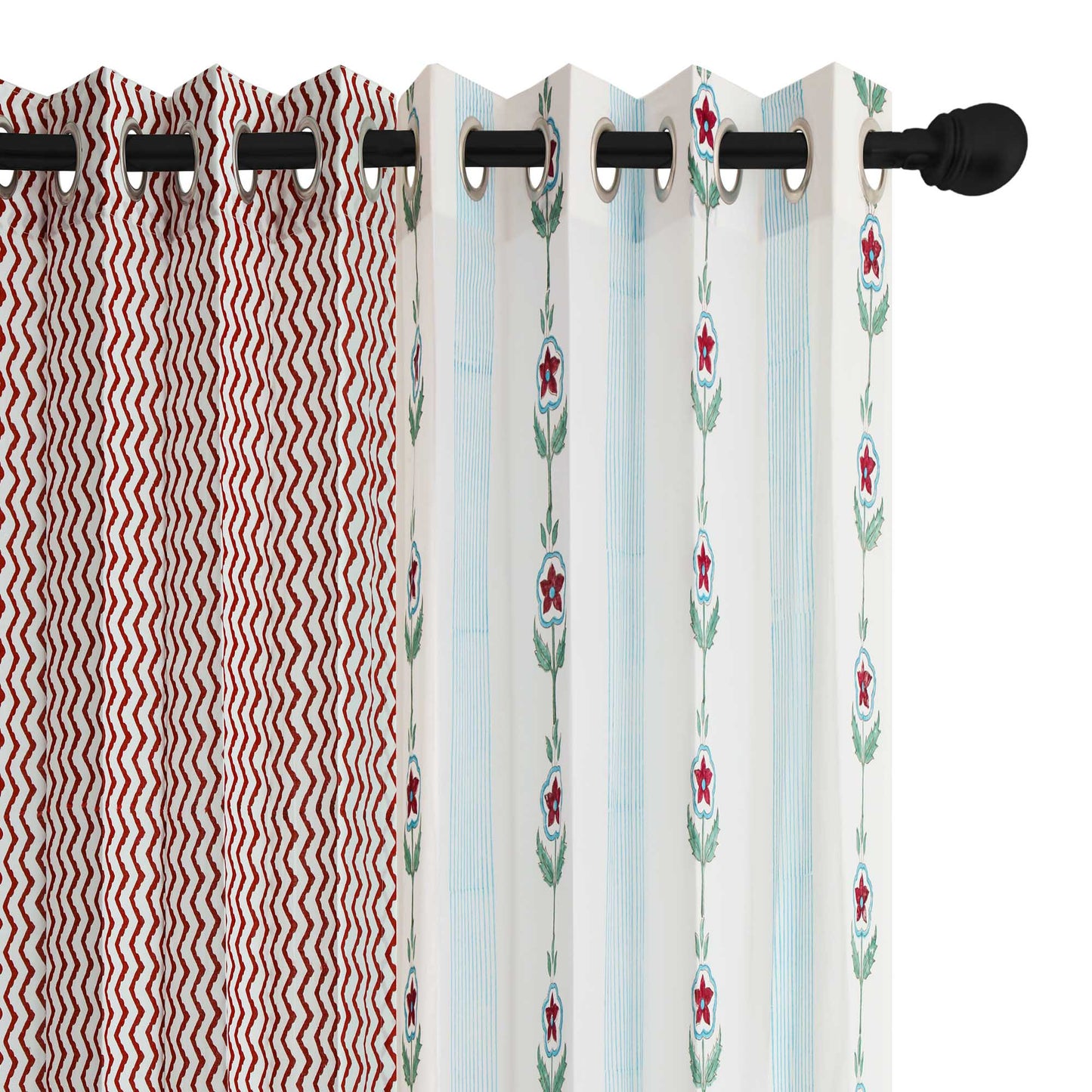 Phool Sitara with Maroon Zigzag Cotton Handblock Combo (Set of 4 Curtains)