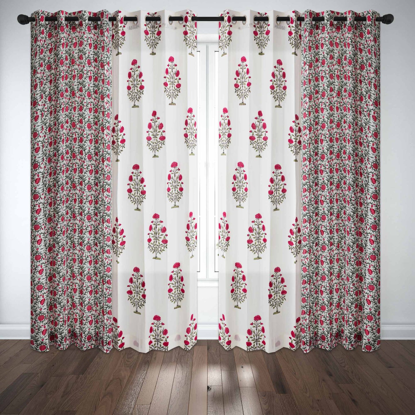 Pink Grey Guldasta wirh Pink Grey Gulab Jaal Cotton Handblock Combo (Set of 4 Curtains)
