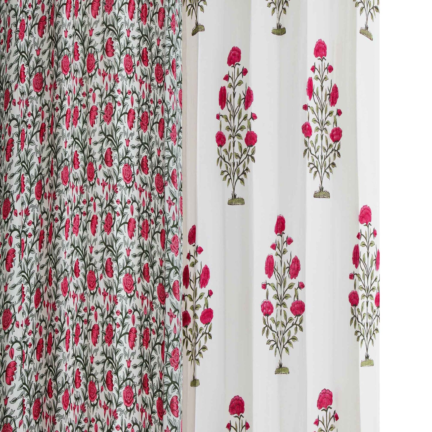 Pink Grey Guldasta wirh Pink Grey Gulab Jaal Cotton Handblock Combo (Set of 4 Curtains)