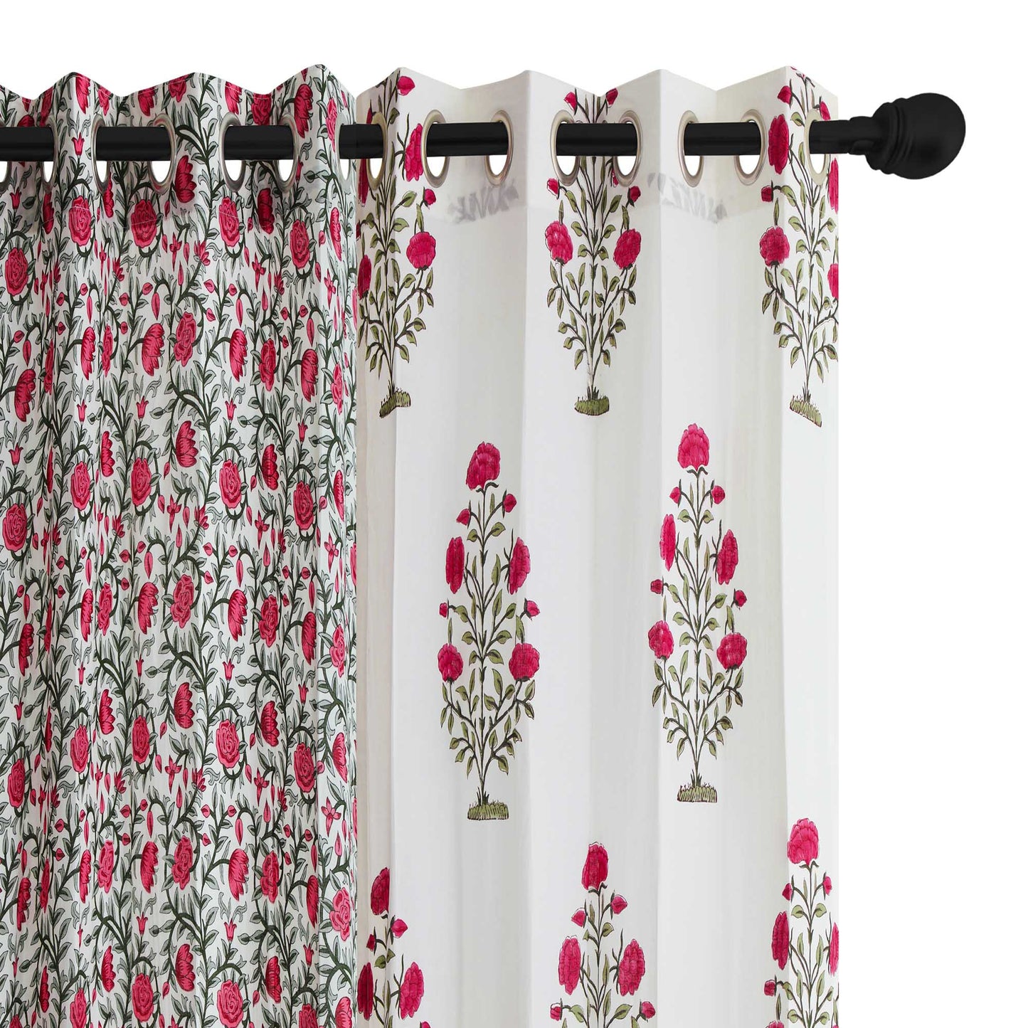 Pink Grey Guldasta wirh Pink Grey Gulab Jaal Cotton Handblock Combo (Set of 4 Curtains)