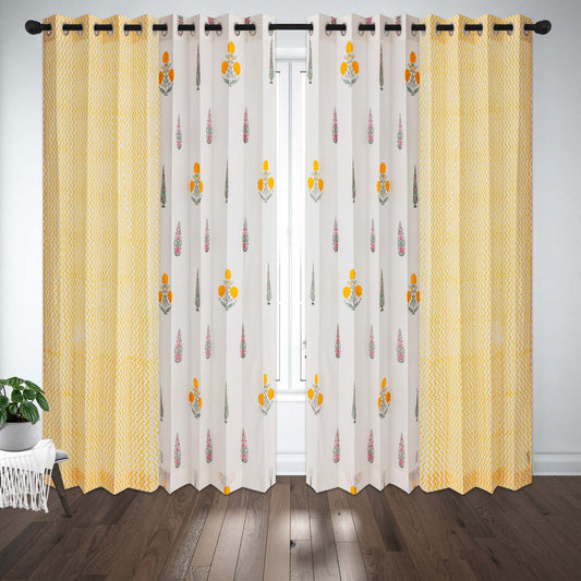 Poppy Cyprus Garden with Yellow Zigzag Cotton Handblock Combo (Set of 4 Curtains)