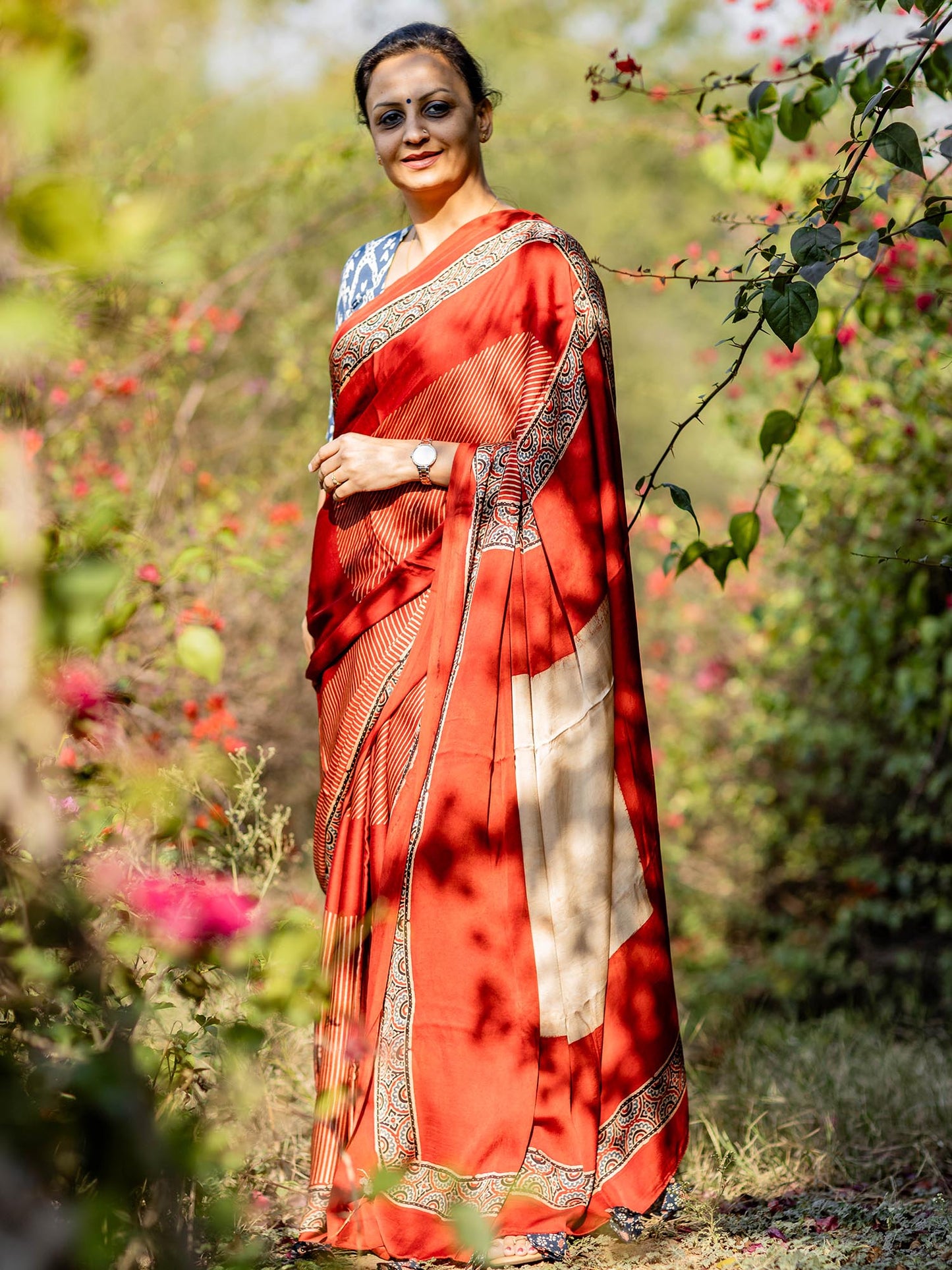 Rust Red & Off-white Striped Modal Silk Ajrakh Block Print Saree