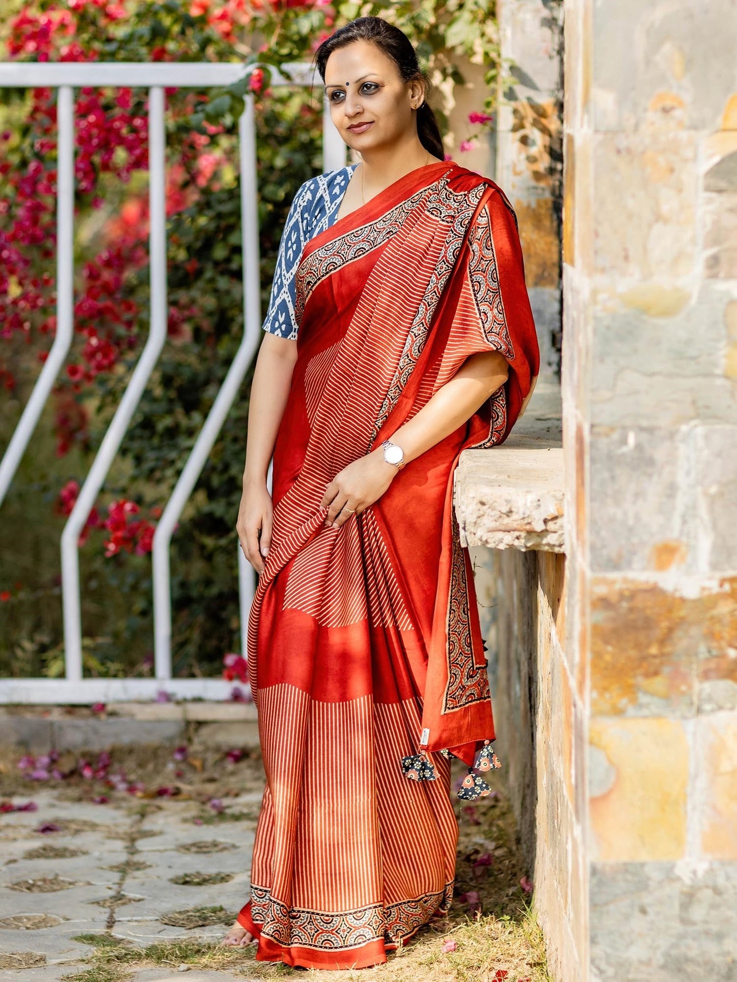 Rust Red & Off-white Striped Modal Silk Ajrakh Block Print Saree