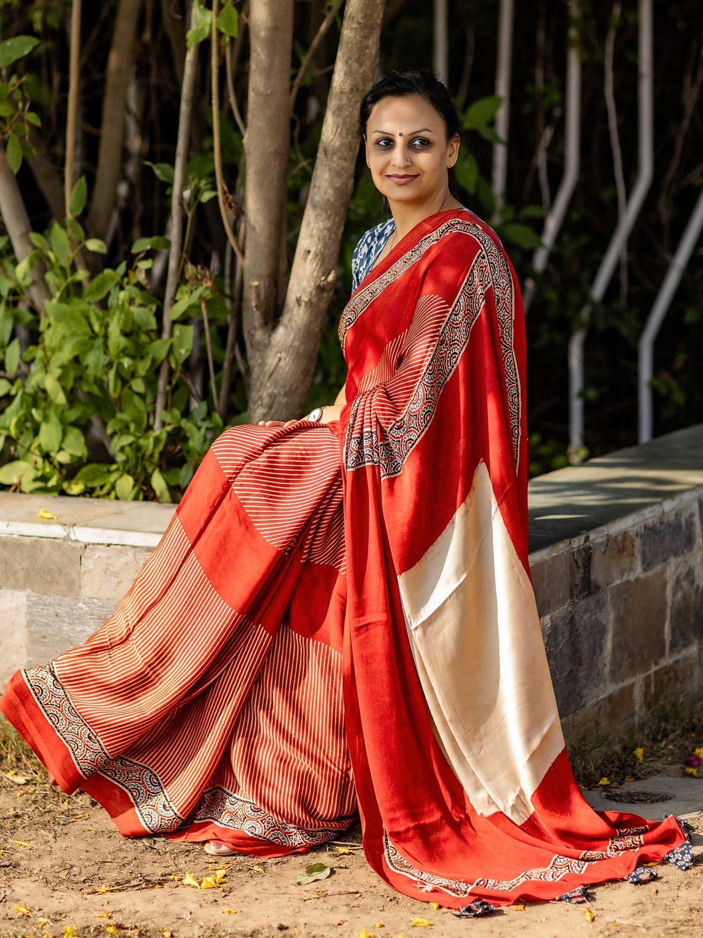 Rust Red & Off-white Striped Modal Silk Ajrakh Block Print Saree