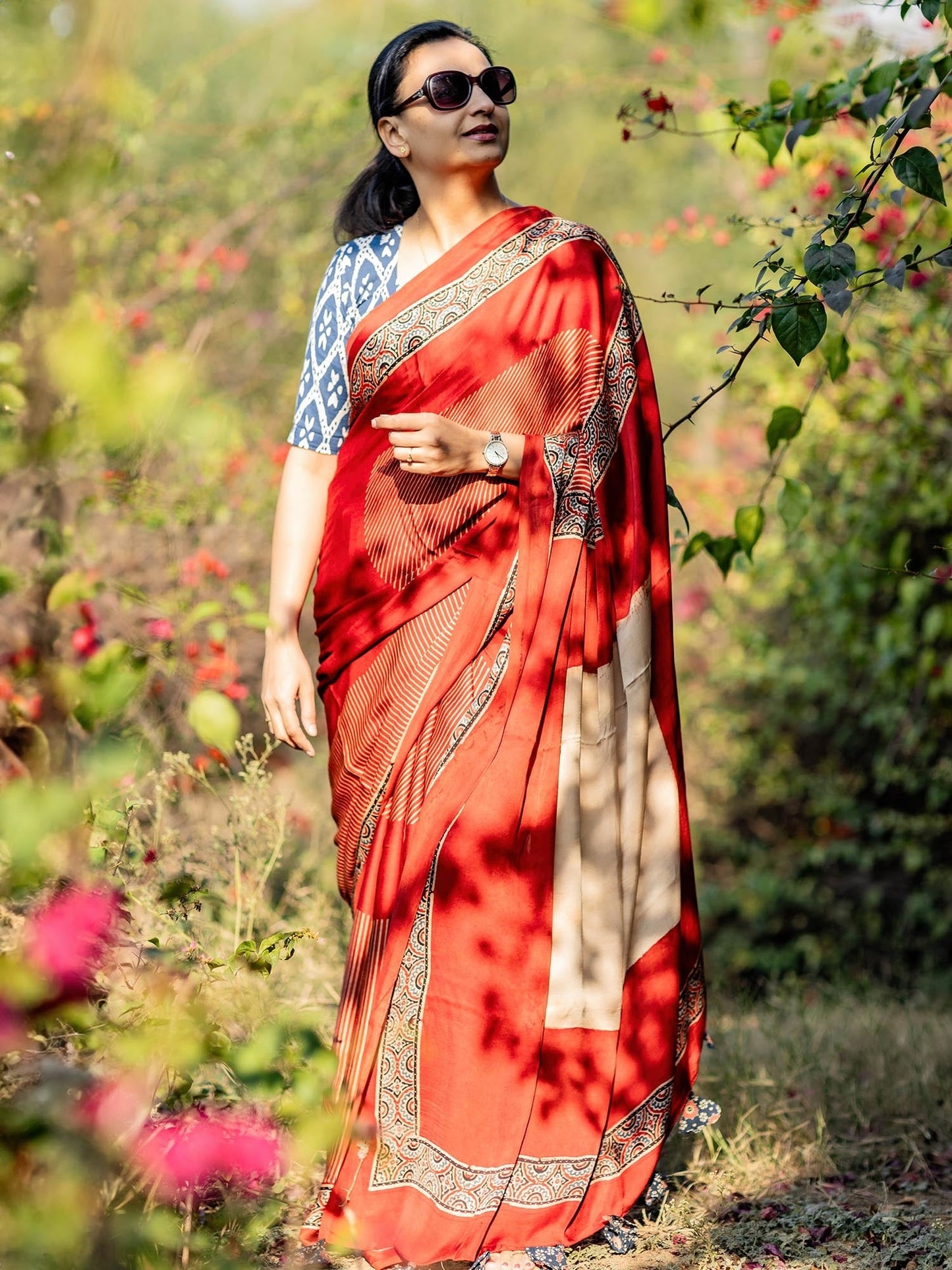 Rust Red & Off-white Striped Modal Silk Ajrakh Block Print Saree
