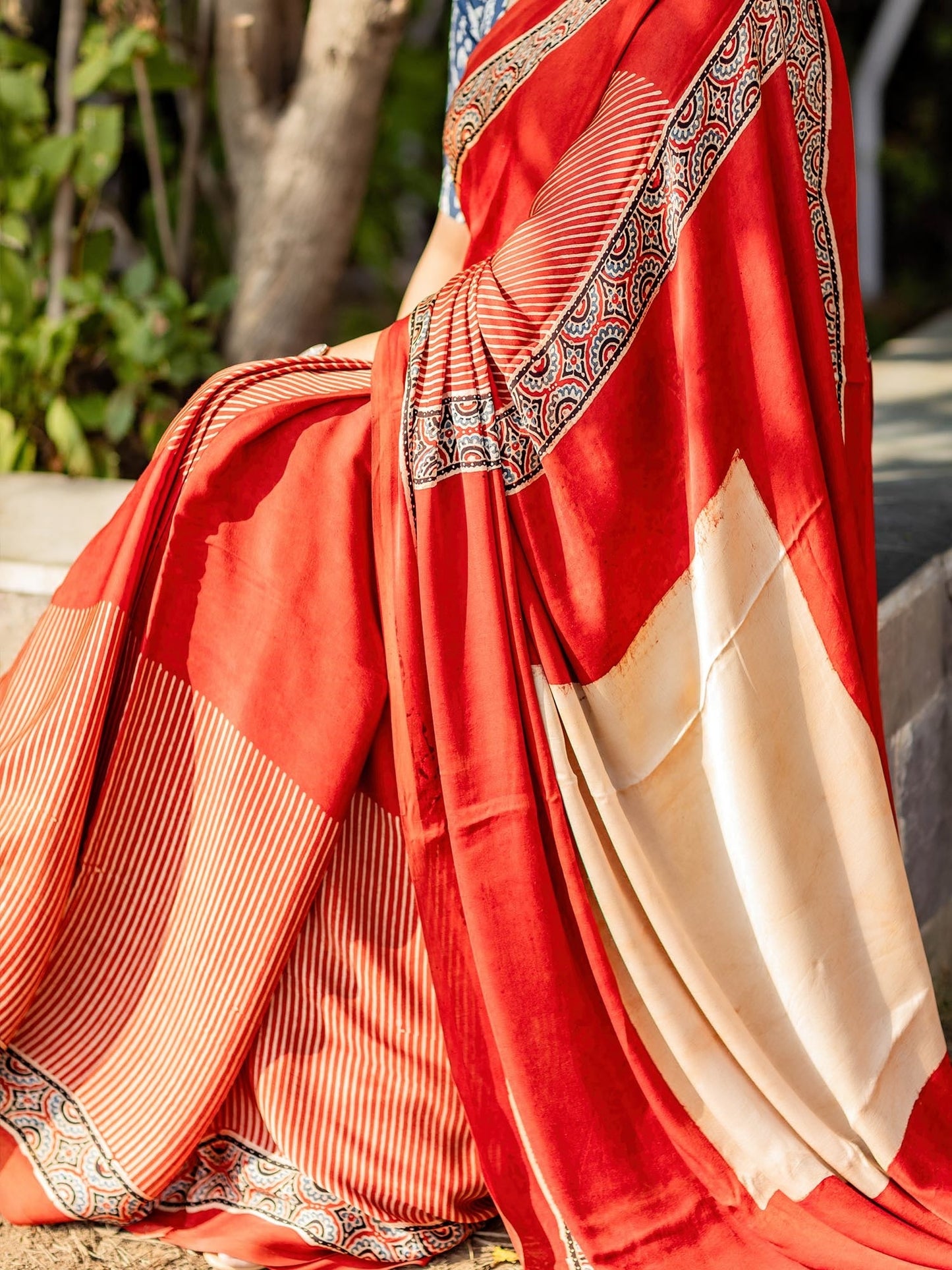 Rust Red & Off-white Striped Modal Silk Ajrakh Block Print Saree
