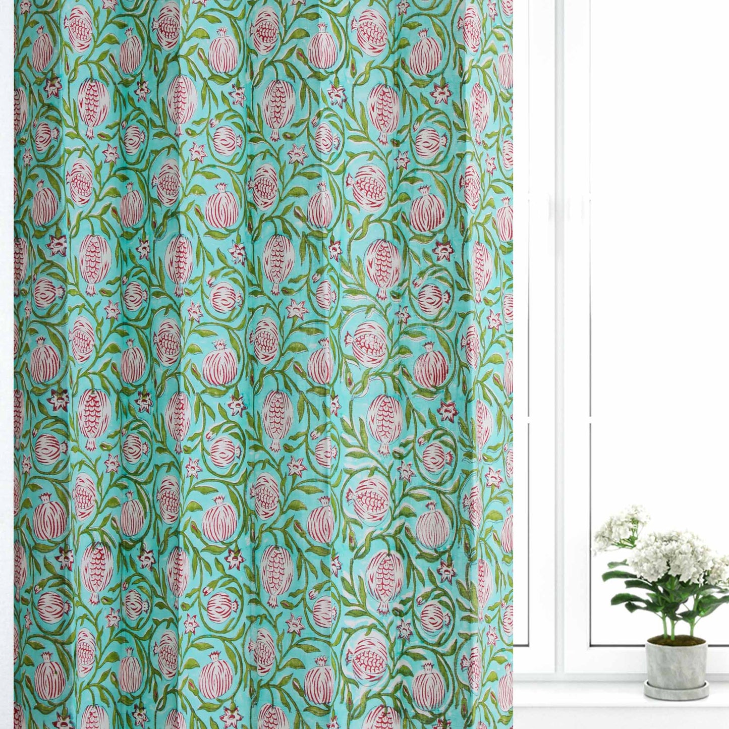 SeaGreen Pomegranate Jaal Cotton Handblock Curtain (Pair of 2 Curtains)