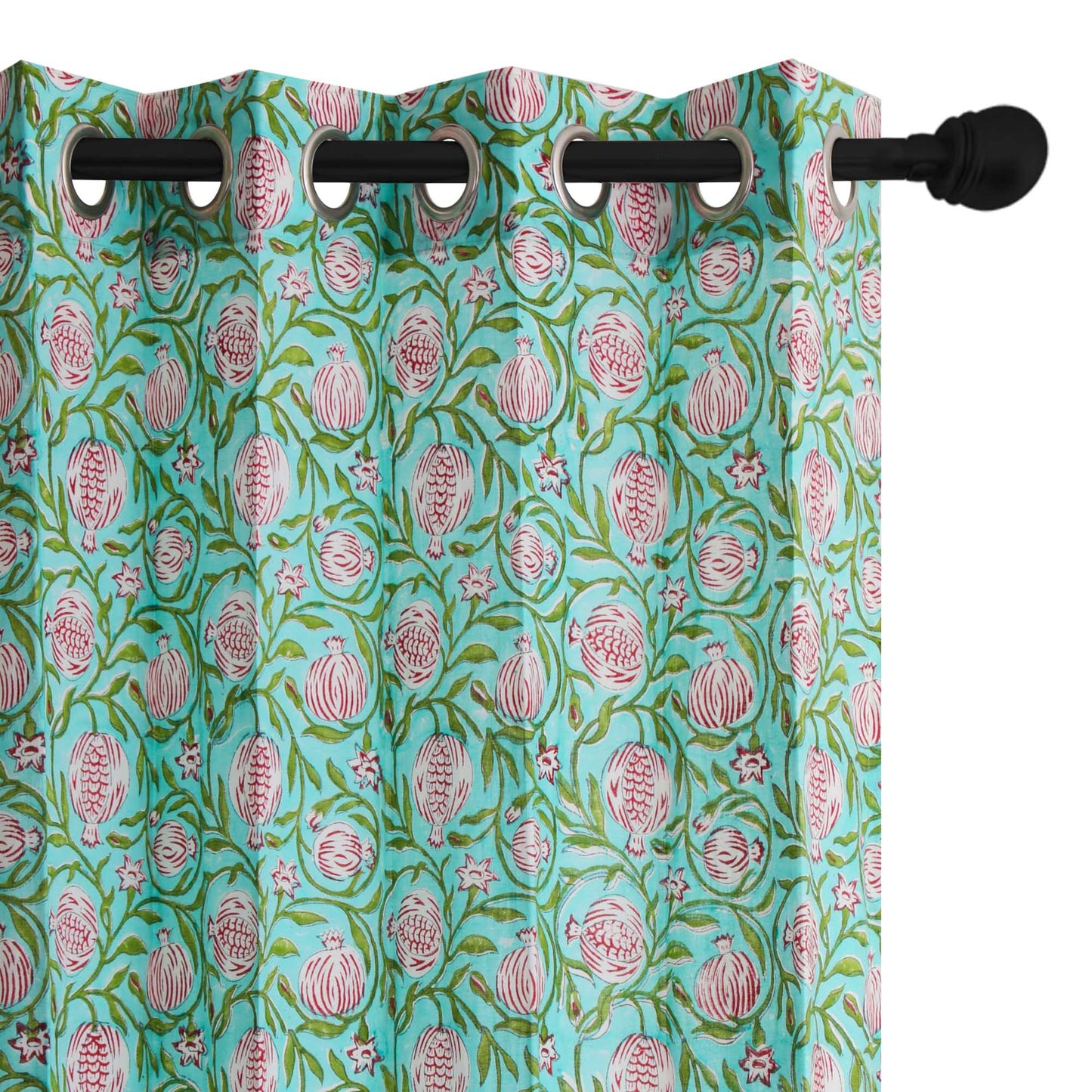 SeaGreen Pomegranate Jaal Cotton Handblock Curtain (Pair of 2 Curtains)
