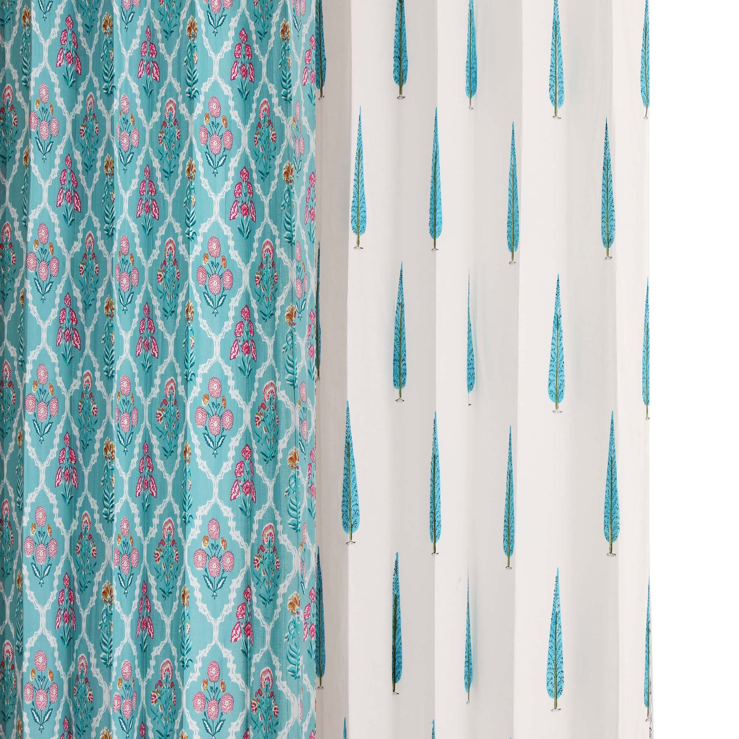 Teel Blue Cyprus with Teel Blue Jaal Cotton Handblock Combo (Set of 4 Curtains)