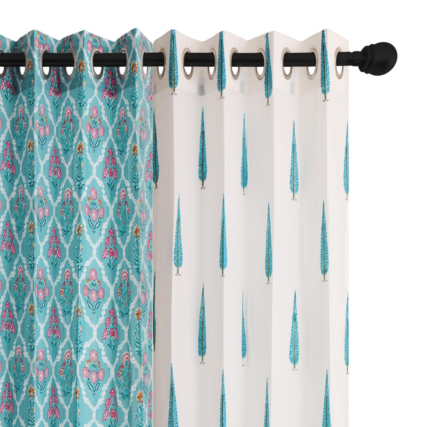 Teel Blue Cyprus with Teel Blue Jaal Cotton Handblock Combo (Set of 4 Curtains)