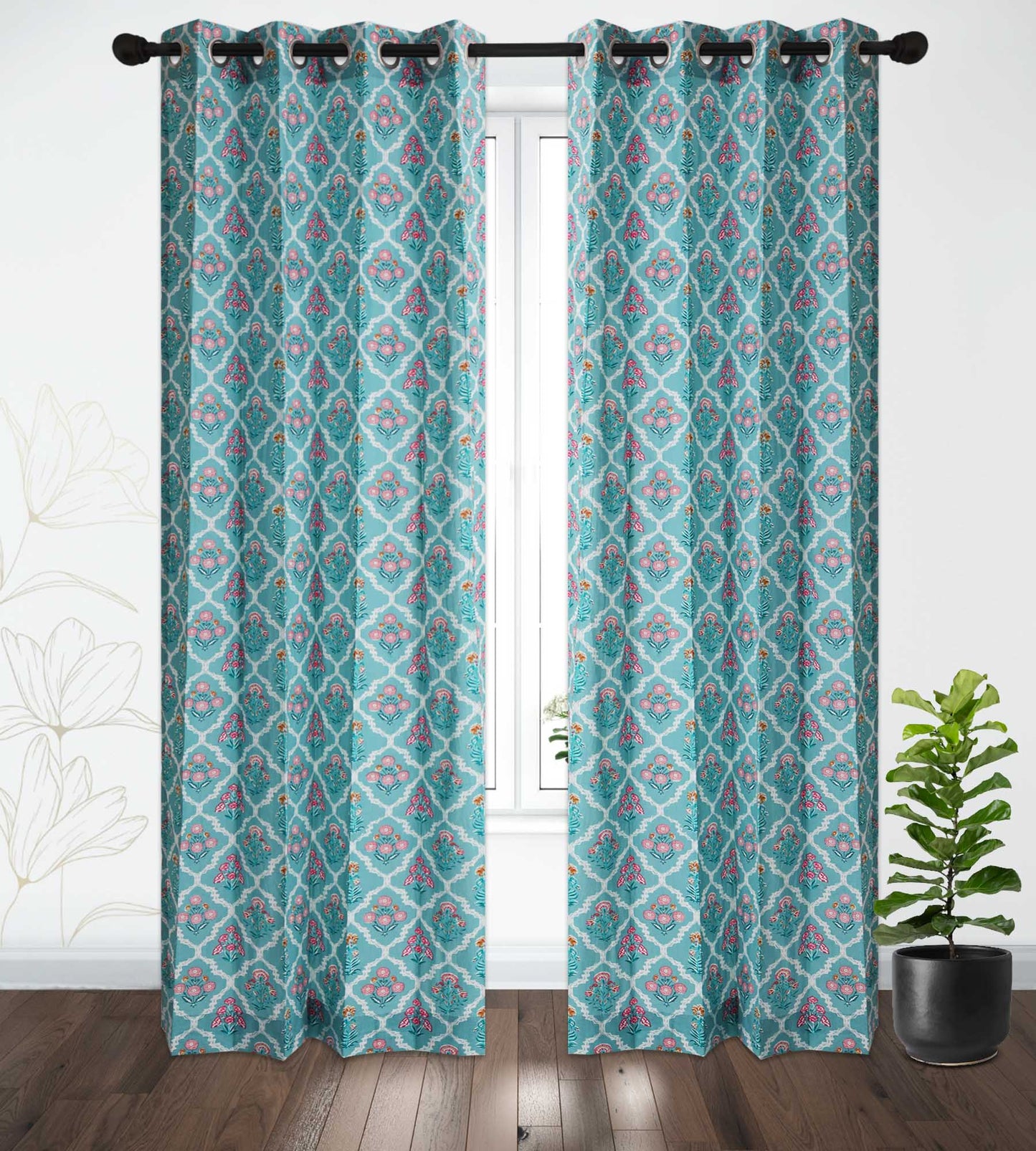 Teal Blue Jaal Cotton Handblock Curtain (Pair of 2 Curtains)