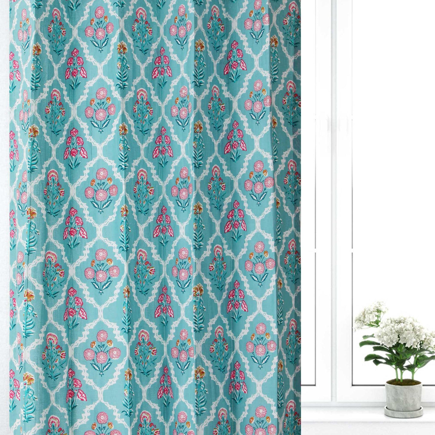 Teal Blue Jaal Cotton Handblock Curtain (Pair of 2 Curtains)