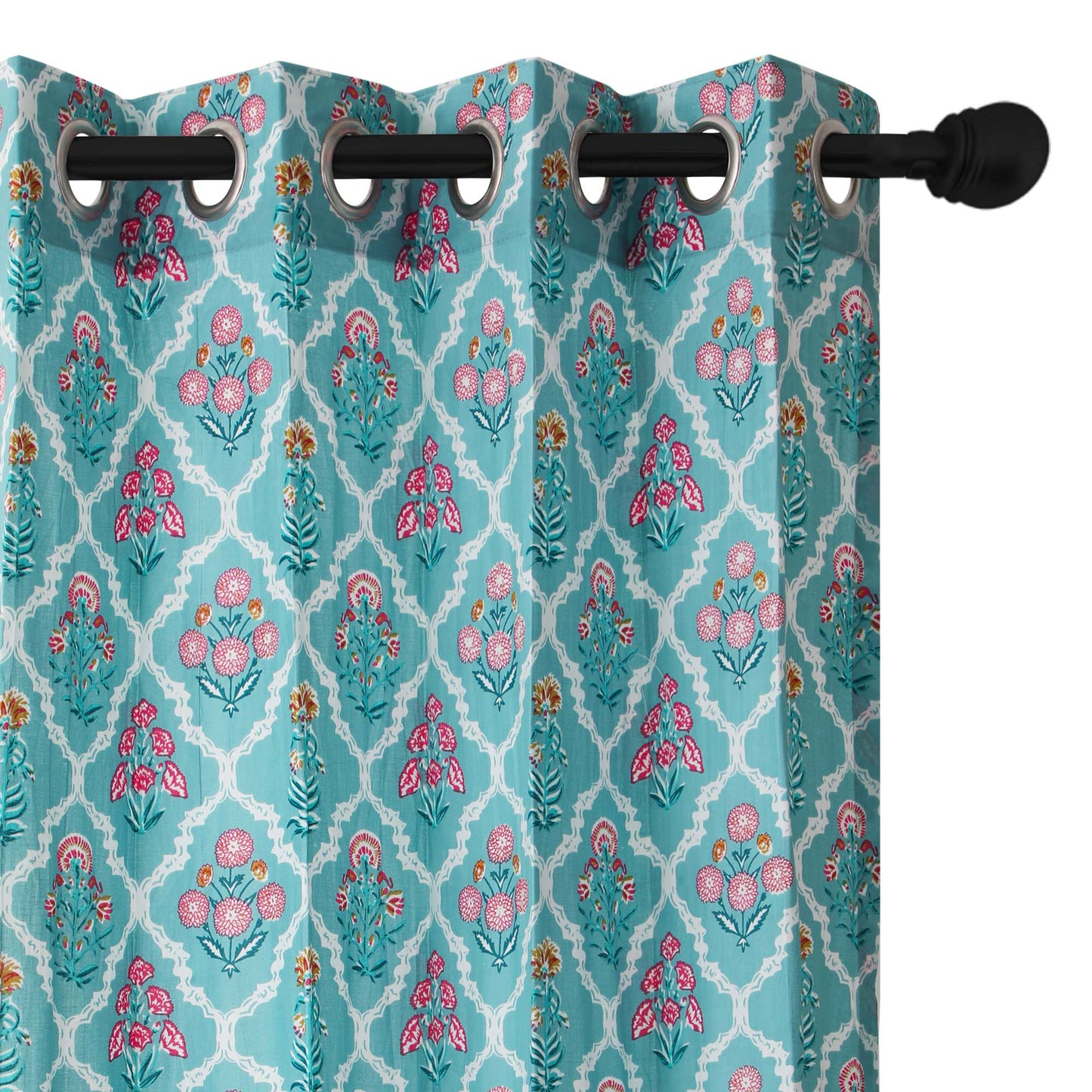 Teal Blue Jaal Cotton Handblock Curtain (Pair of 2 Curtains)