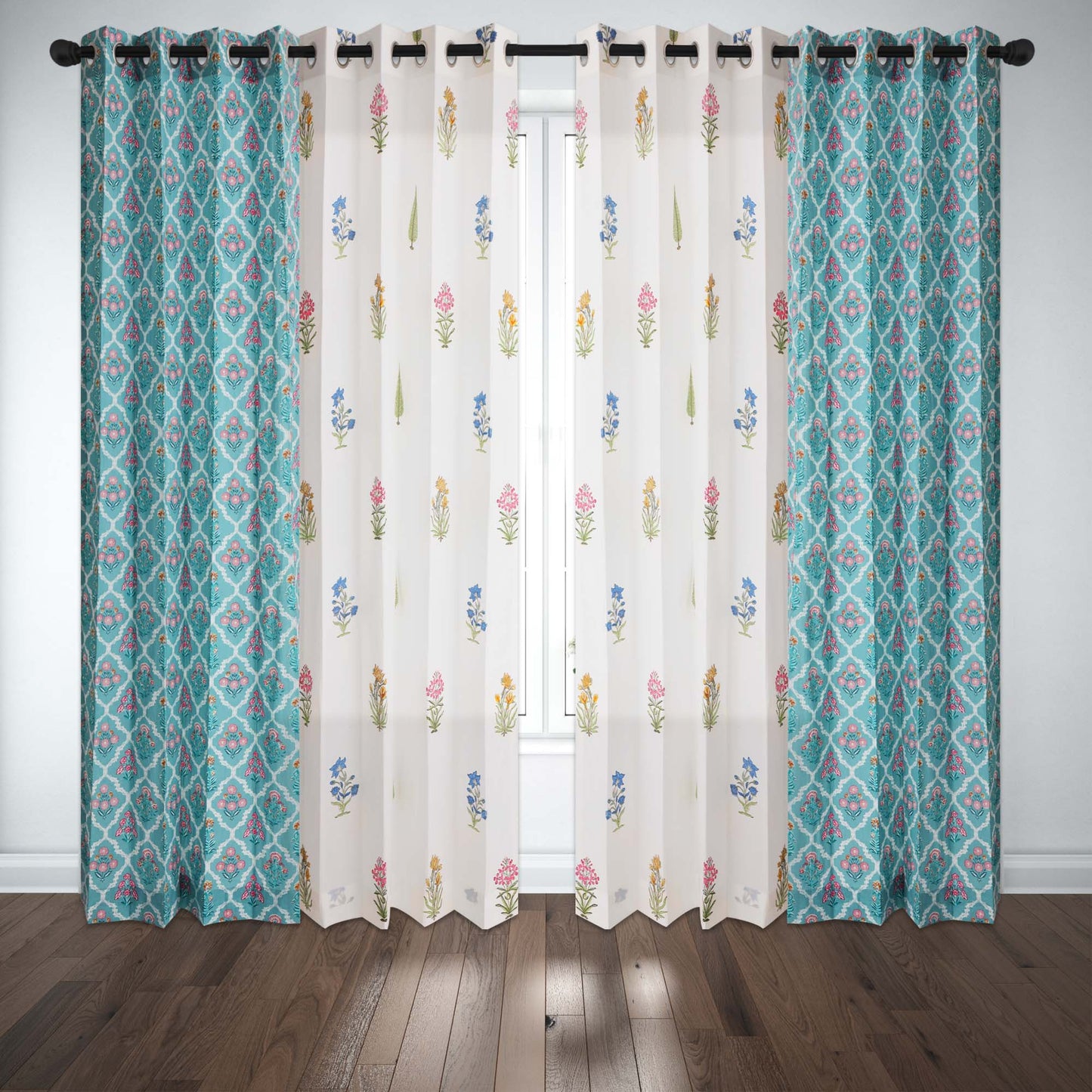 Teen Buta with Teel Blue Jaal Cotton Handblock Combo (Set of 4 Curtains)