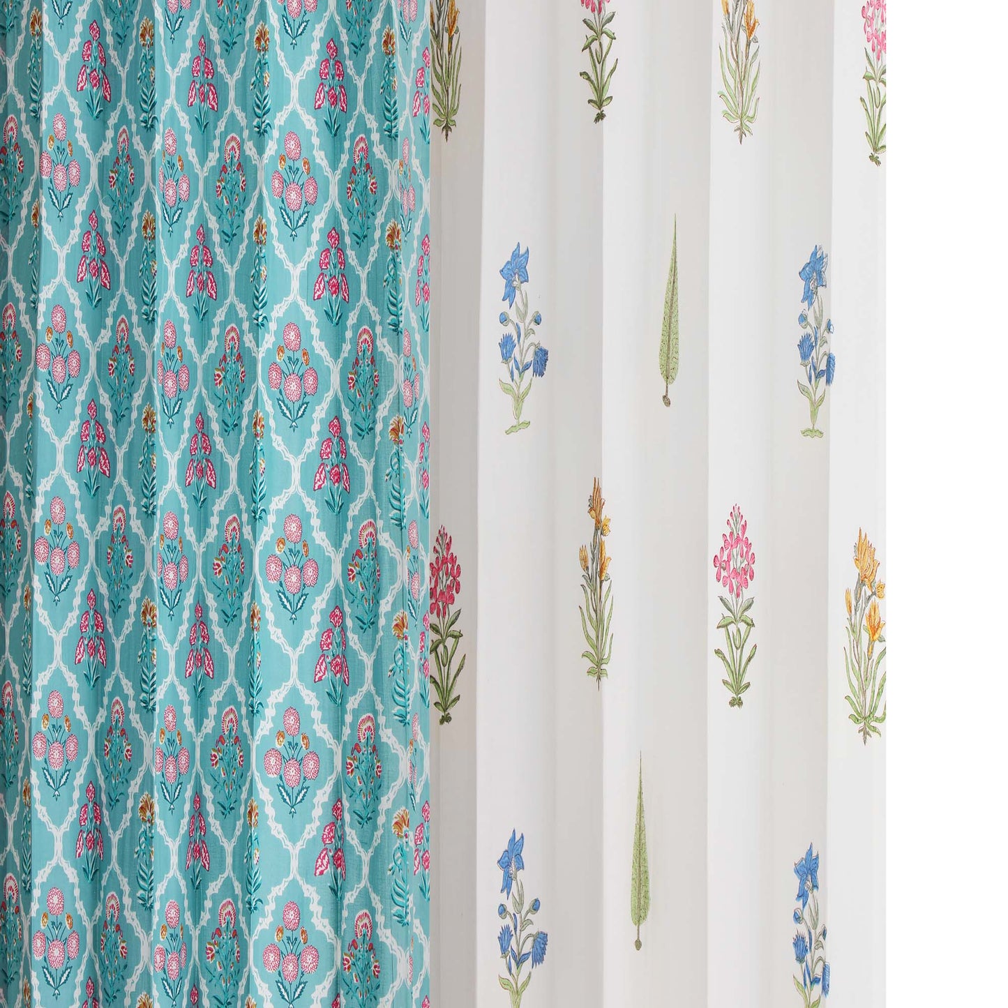 Teen Buta with Teel Blue Jaal Cotton Handblock Combo (Set of 4 Curtains)
