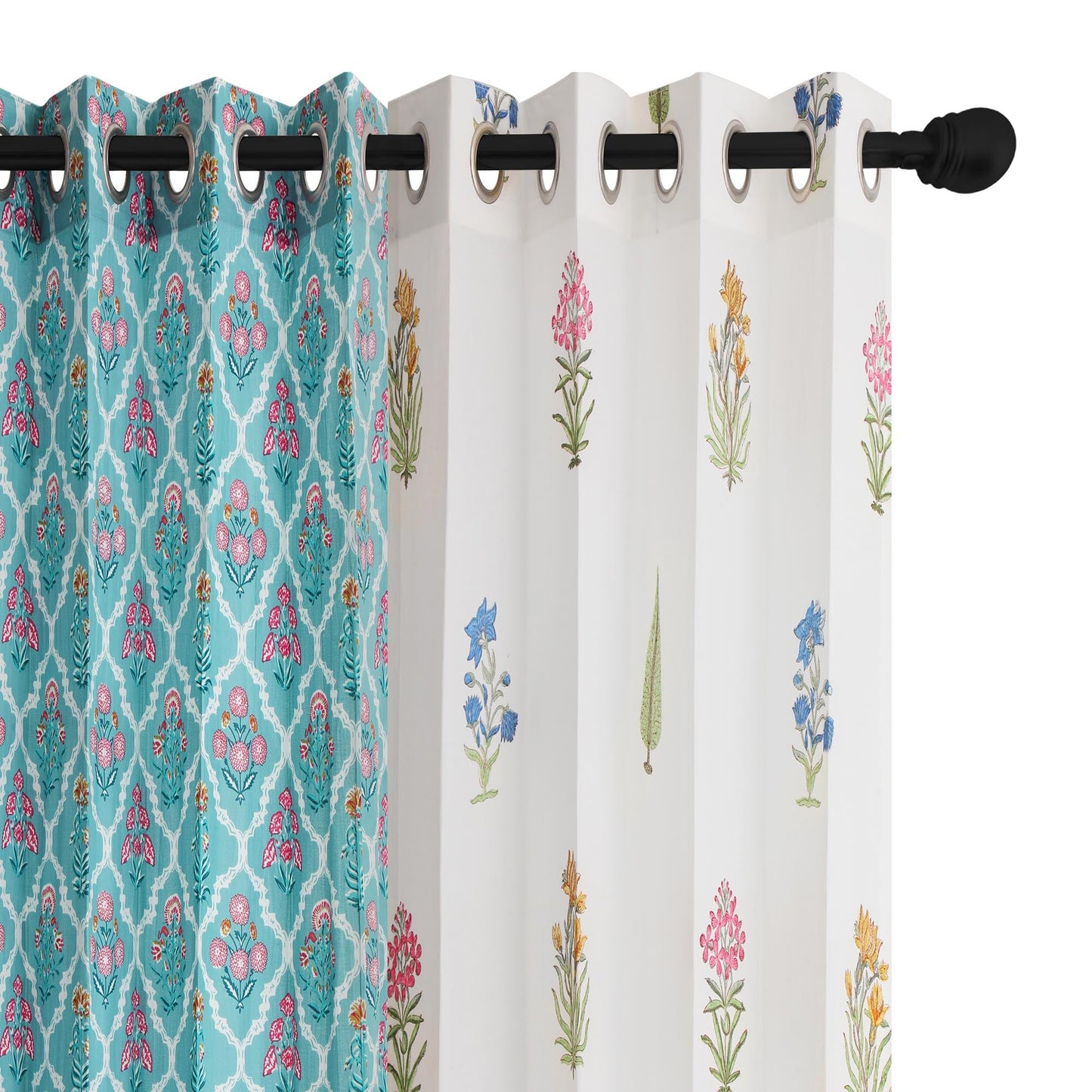 Teen Buta with Teel Blue Jaal Cotton Handblock Combo (Set of 4 Curtains)