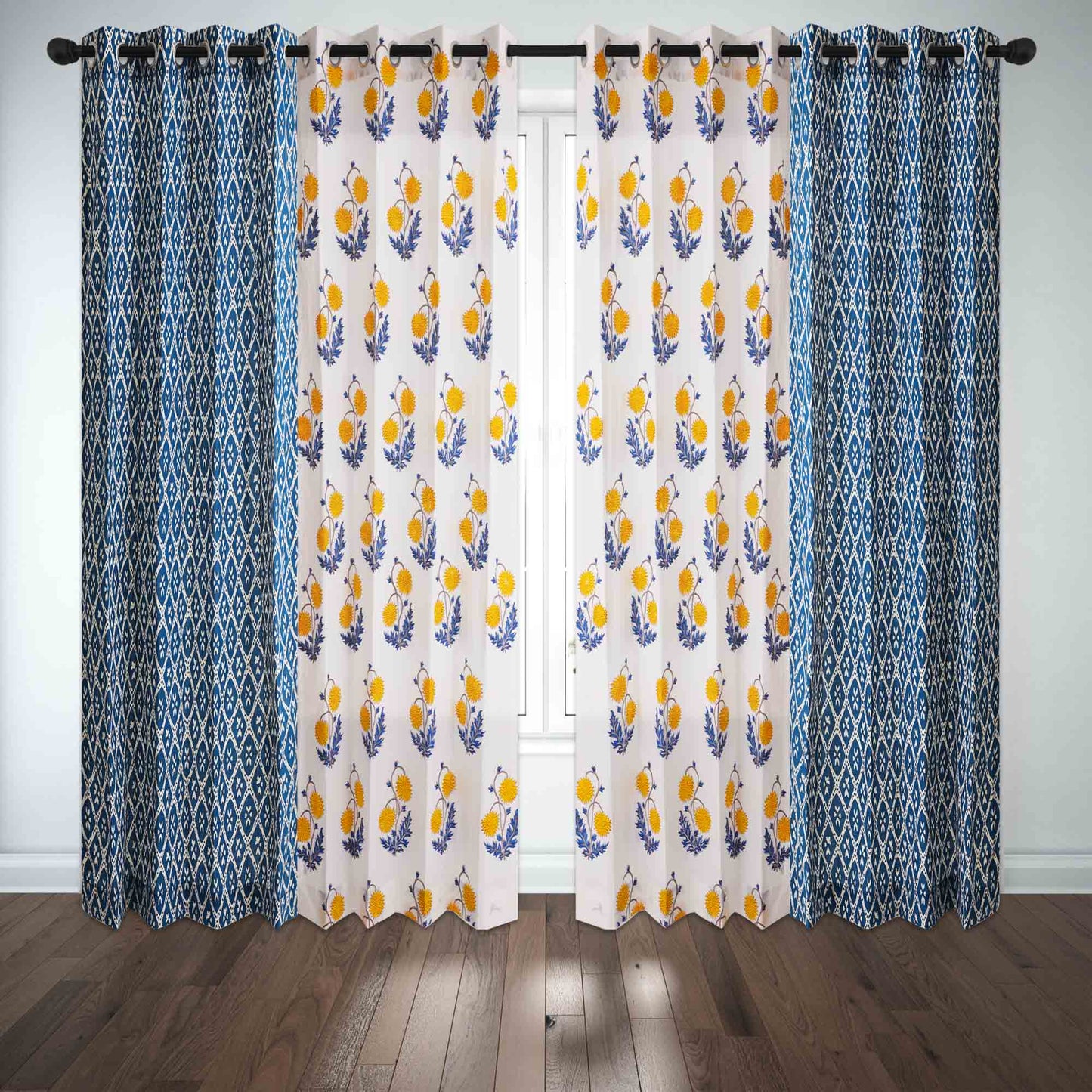 Yellow Blue Sunflower with Geometric Indigo Cotton Handblock Combo (Set of 4 Curtains)