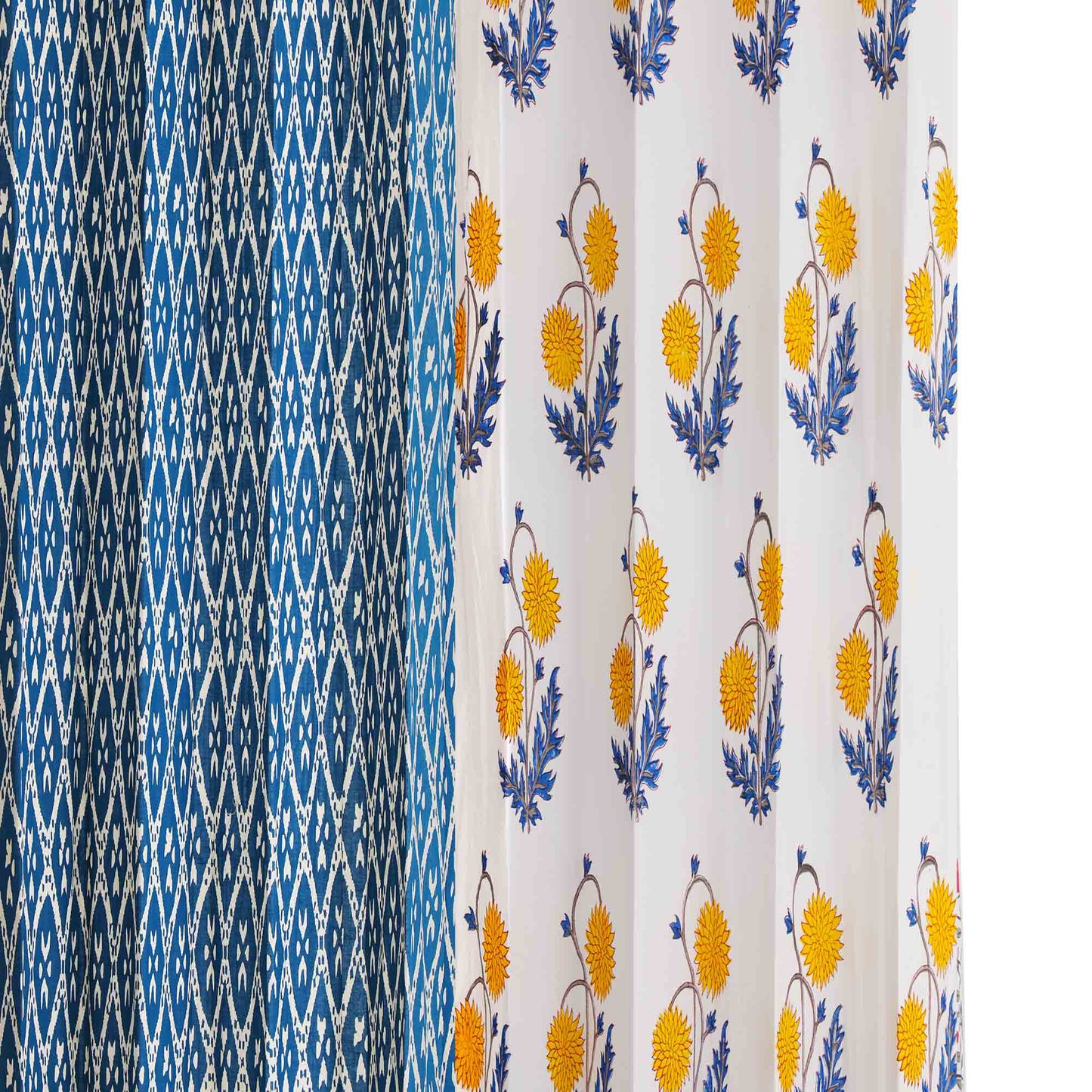 Yellow Blue Sunflower with Geometric Indigo Cotton Handblock Combo (Set of 4 Curtains)