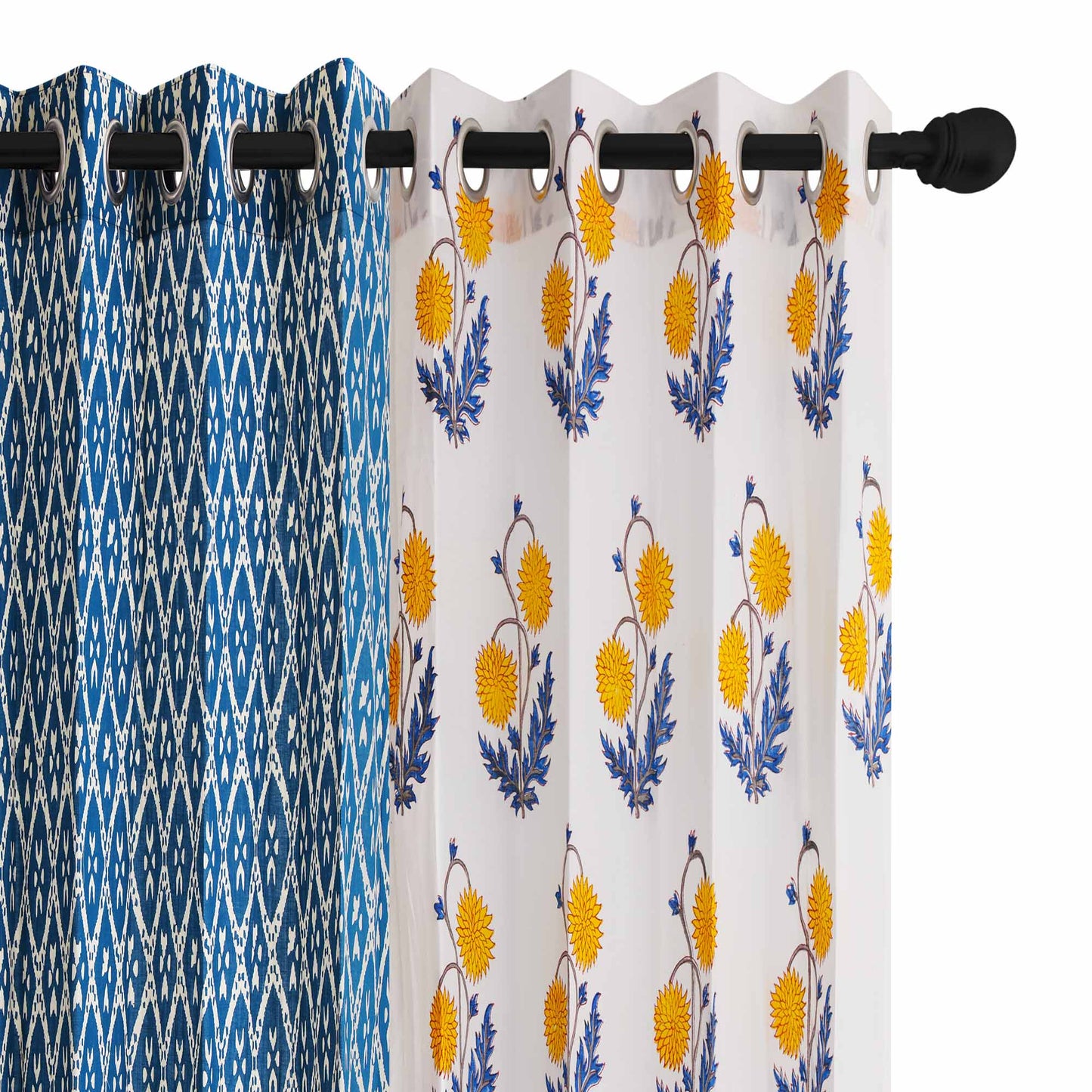 Yellow Blue Sunflower with Geometric Indigo Cotton Handblock Combo (Set of 4 Curtains)