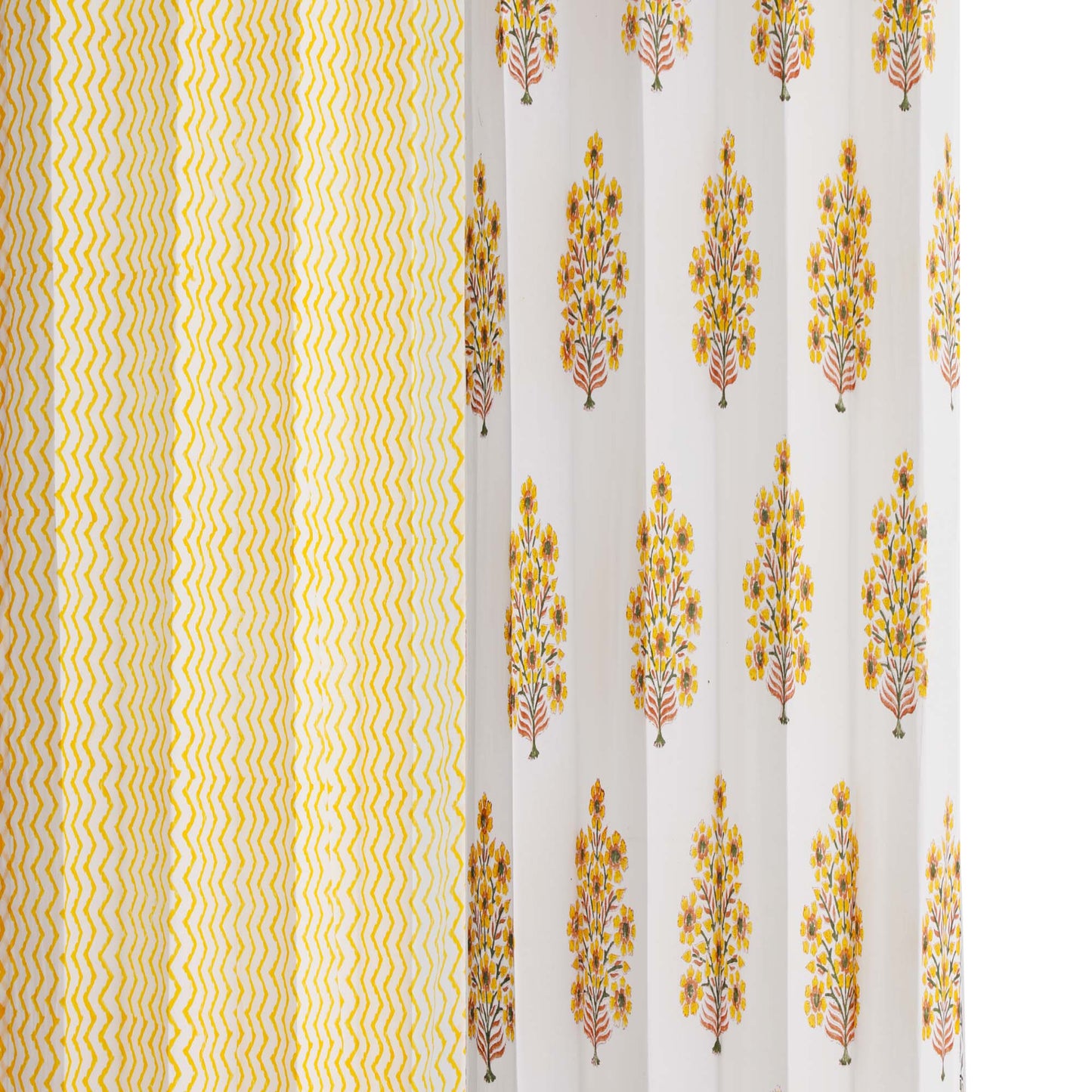Yellow Brown Gulbahar with Yellow Zigzag Cotton Handblock Combo (Set of 4 Curtains)