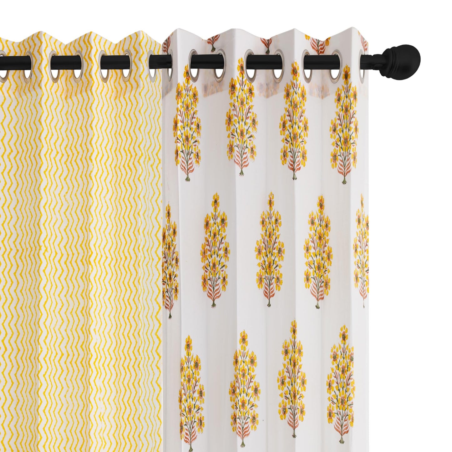 Yellow Brown Gulbahar with Yellow Zigzag Cotton Handblock Combo (Set of 4 Curtains)