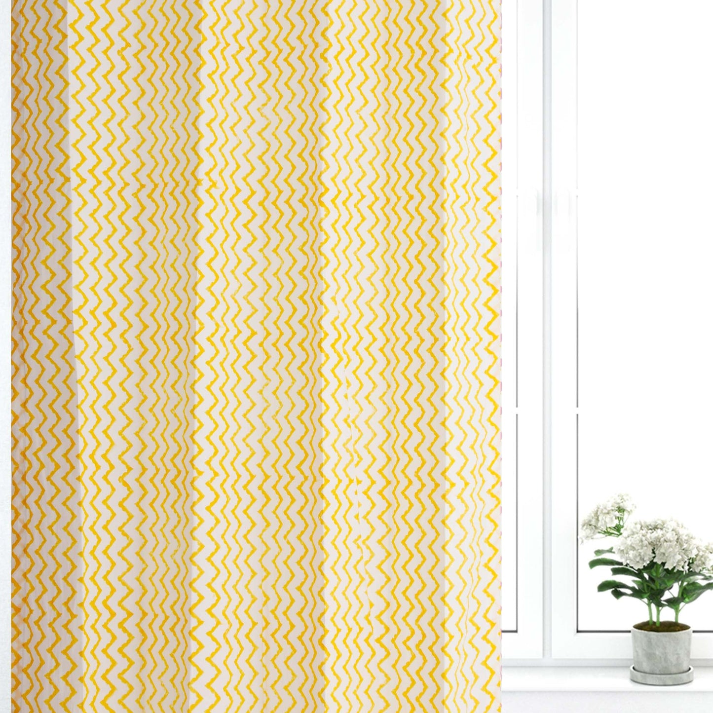 Yellow Zigzag Cotton Handblock Curtain (Pair of 2 Curtains)
