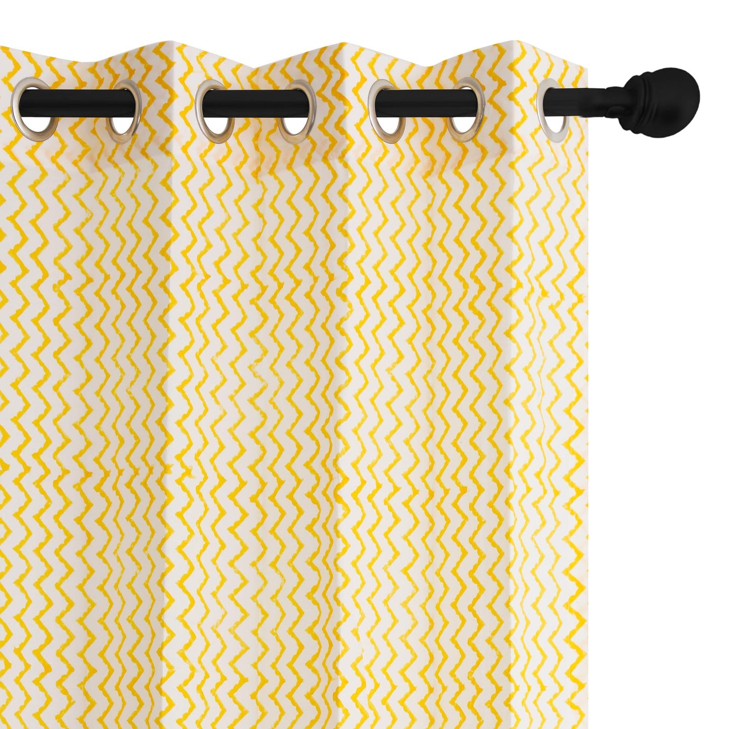 Yellow Zigzag Cotton Handblock Curtain (Pair of 2 Curtains)