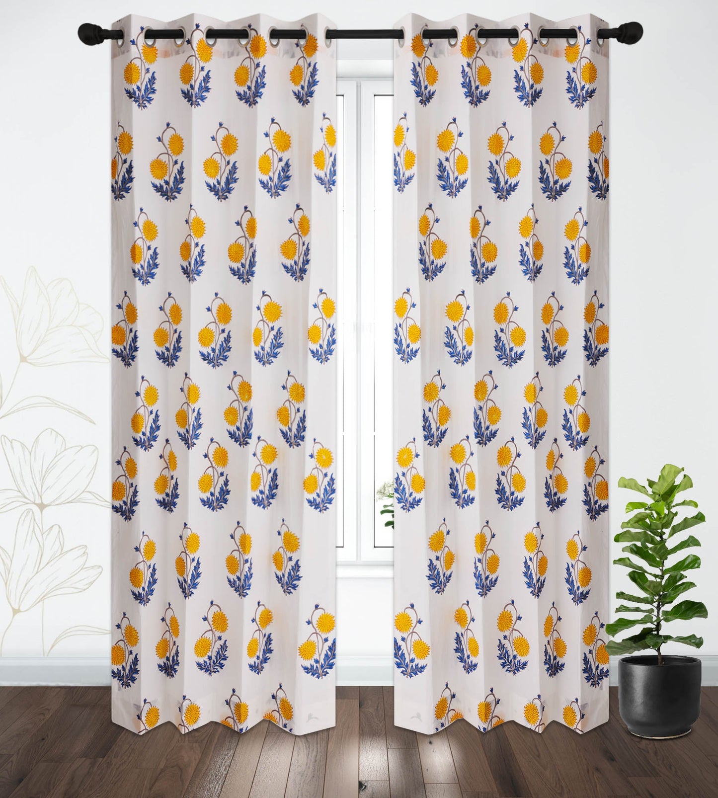 Yellow and Blue Sunflower Cotton Handblock Curtain (Pair of 2 Curtains)