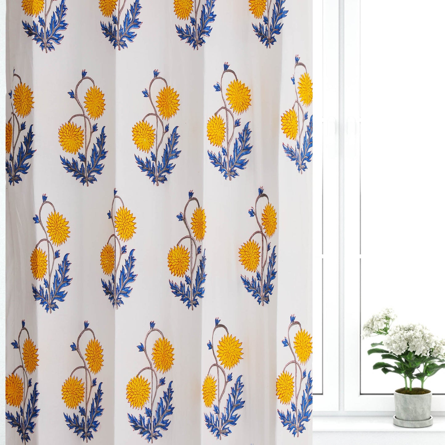 Yellow and Blue Sunflower Cotton Handblock Curtain (Pair of 2 Curtains)