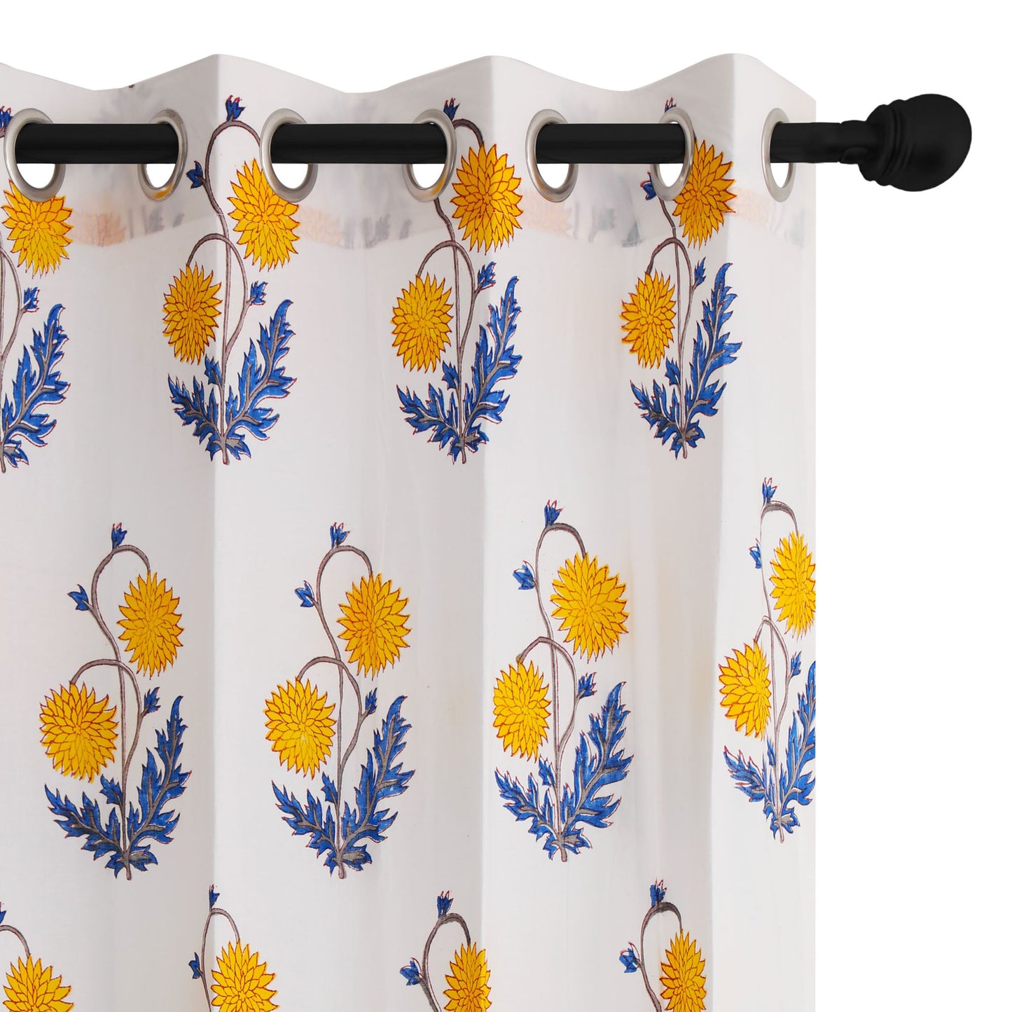 Yellow and Blue Sunflower Cotton Handblock Curtain (Pair of 2 Curtains)