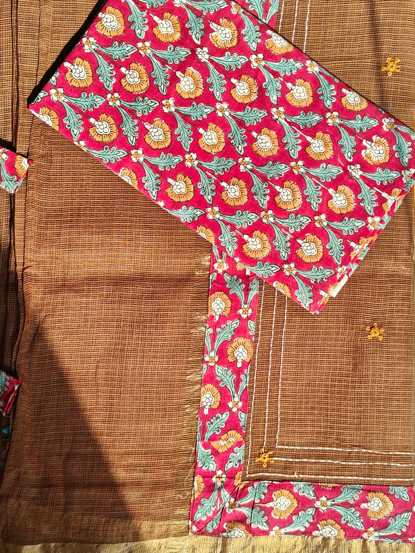 Brown Kota Patchwork Hand Embroidered Saree