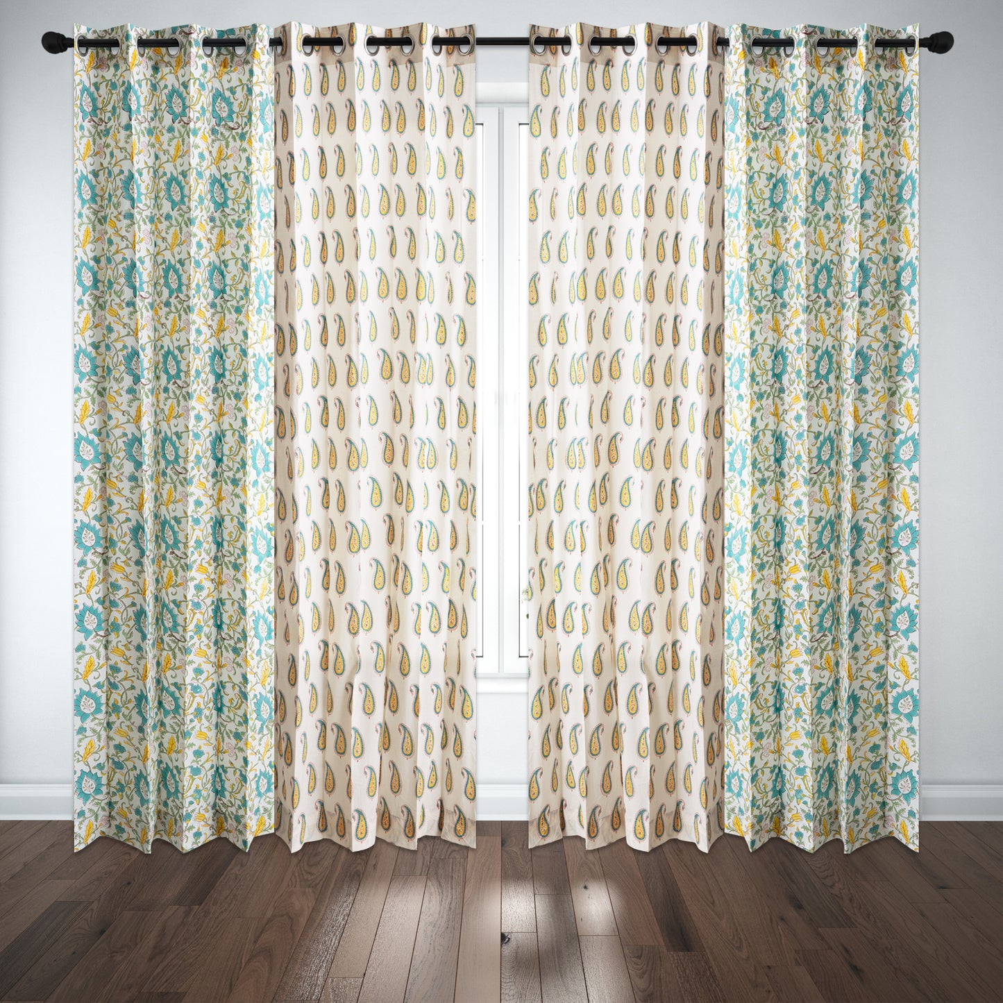 Yellow and Seagreen Jaal with Yellow Paisley Cotton Handblock Combo (Set of 4 Curtains)