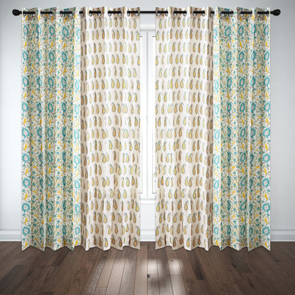 Yellow and Seagreen Jaal with Yellow Paisley Cotton Handblock Combo (Set of 4 Curtains)