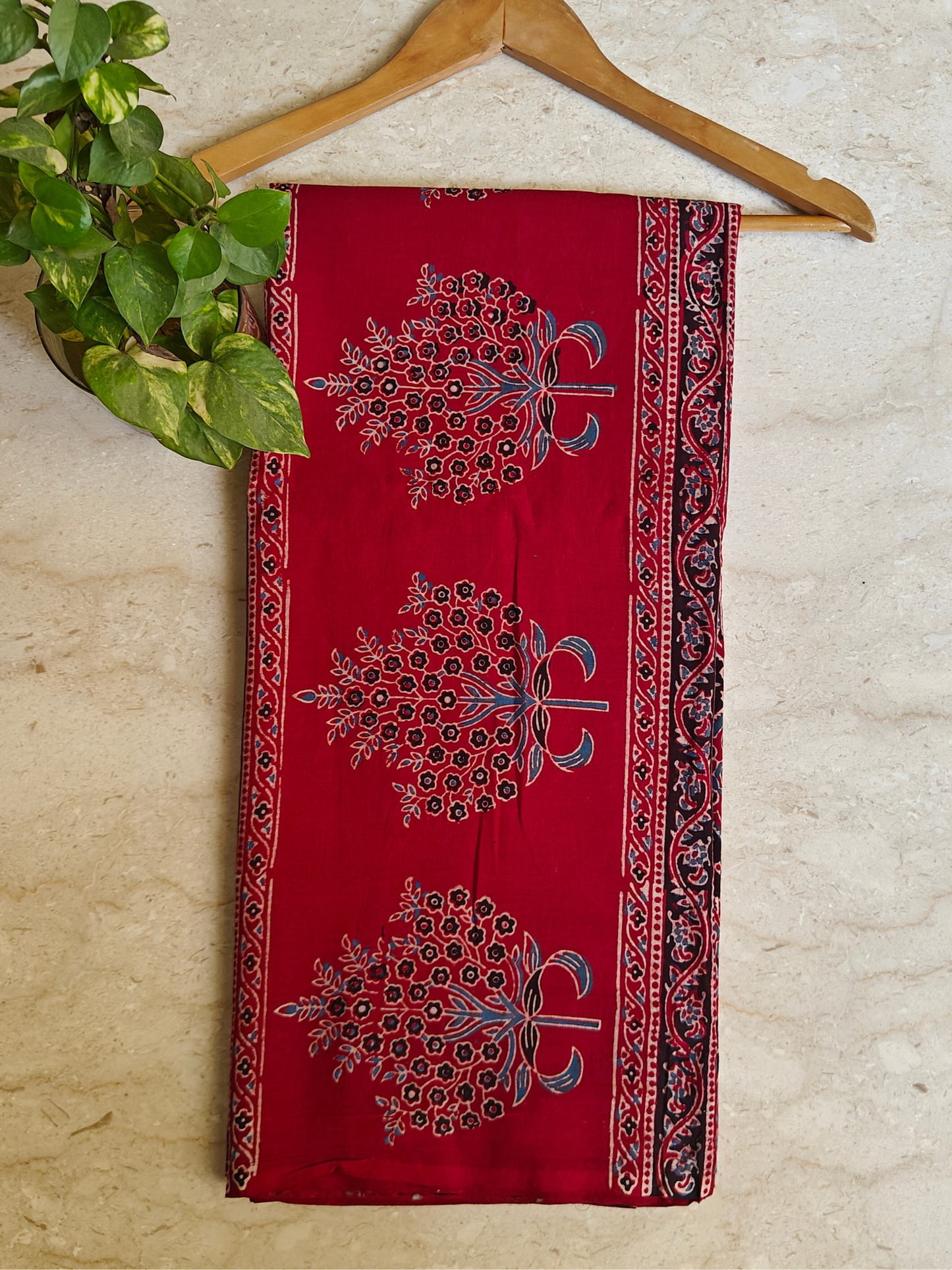 Red Ajrakh Handblock Printed Mull Cotton Saree