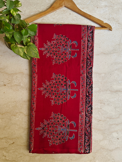 Red Ajrakh Handblock Printed Mull Cotton Saree