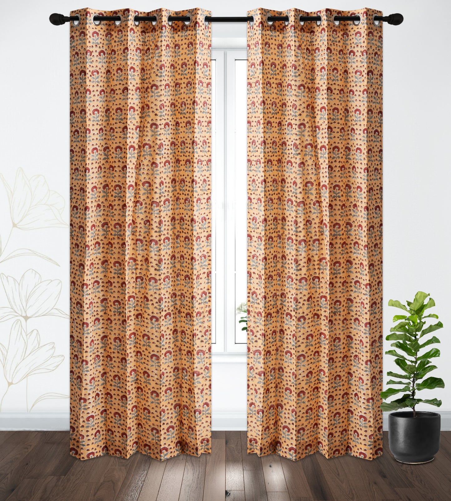 Mustard Jaal with Maroon Booti Cotton Handblock Curtain (Pair of 2 Curtains)