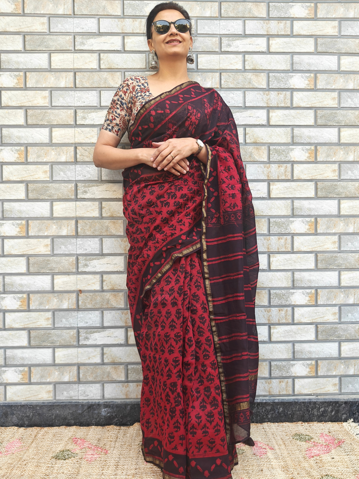 Coffee-Maroon Dabu Handblock Print Chanderi Saree