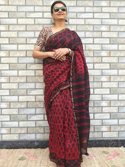 Coffee-Maroon Dabu Handblock Print Chanderi Saree
