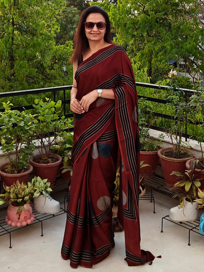 Maroon Striped & Polka Modal Silk Ajrakh Block Print Saree